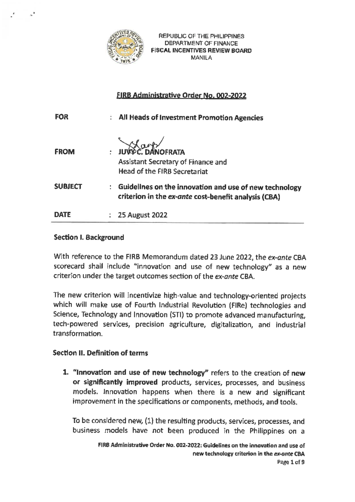 FIRB AO 002-2022: Guidelines on Innovation & New Tech in CBA - Studocu