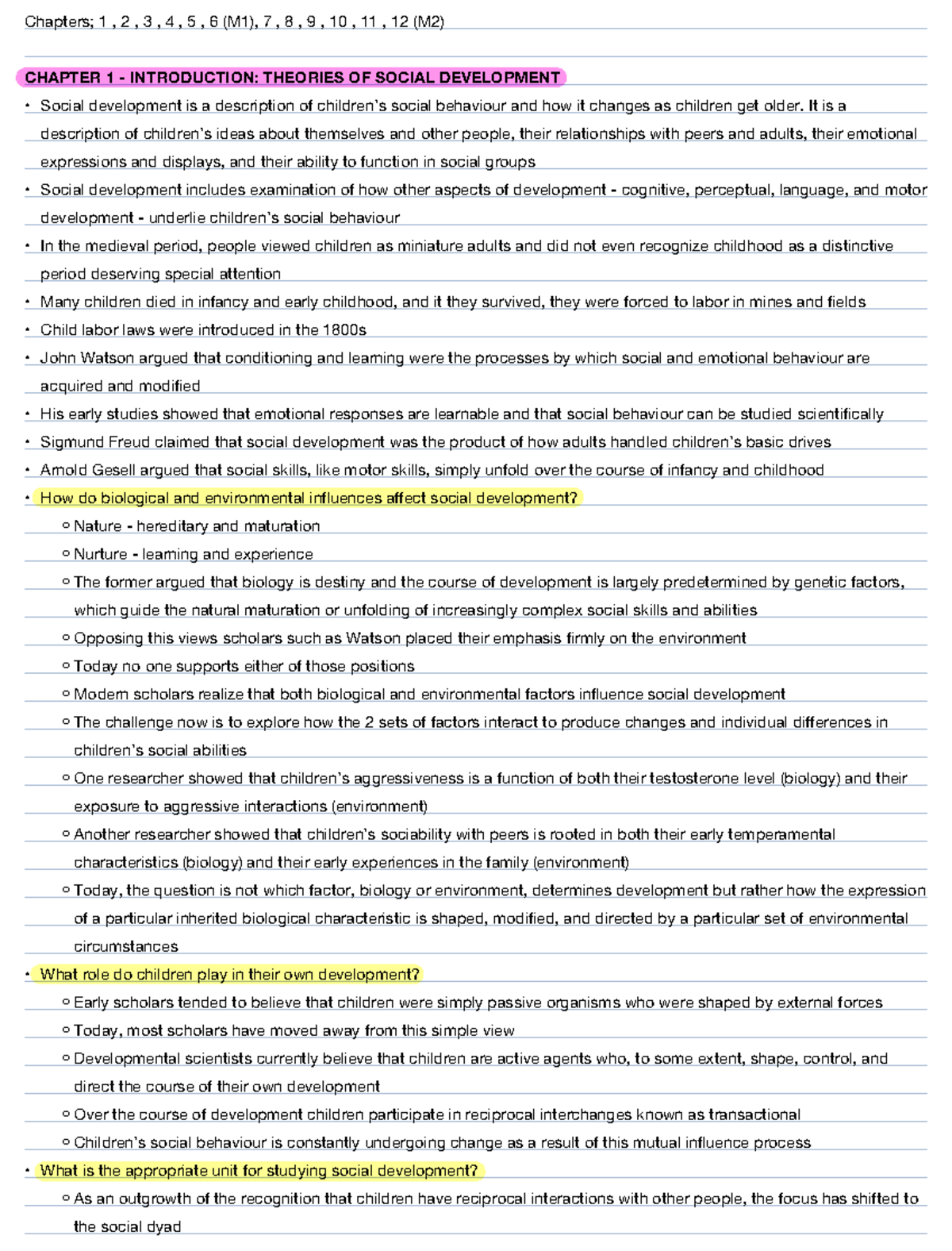 Chapter 1 & 2 Textbook Notes: Theories of Social Development (M1, M2 ...