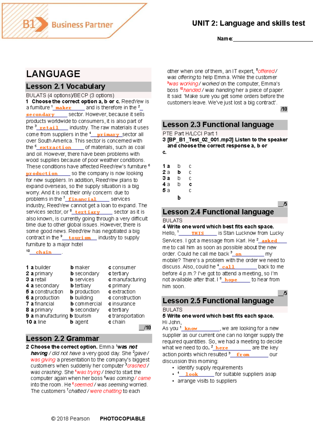 BP B1 Tests Unit 2: Language Skills & Vocabulary Assessment - Studocu