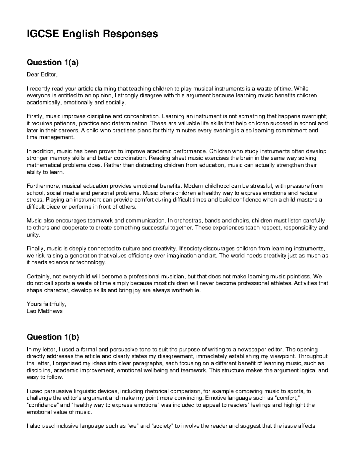 IGCSE English Responses: Persuasive Letter & Creative Writing Analysis ...