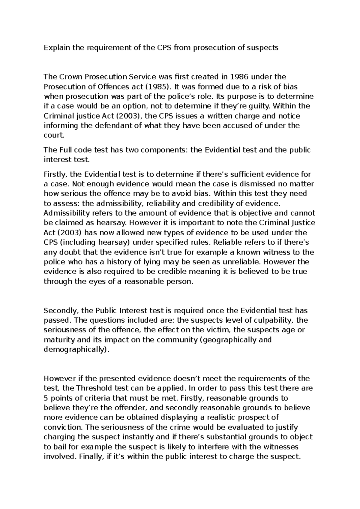 CPS Requirements for Prosecution of Suspects: A Detailed Overview - Studocu