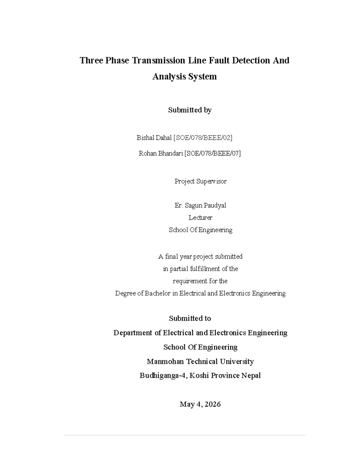 Three Phase Transmission Line Fault Detection & Analysis System - Final ...