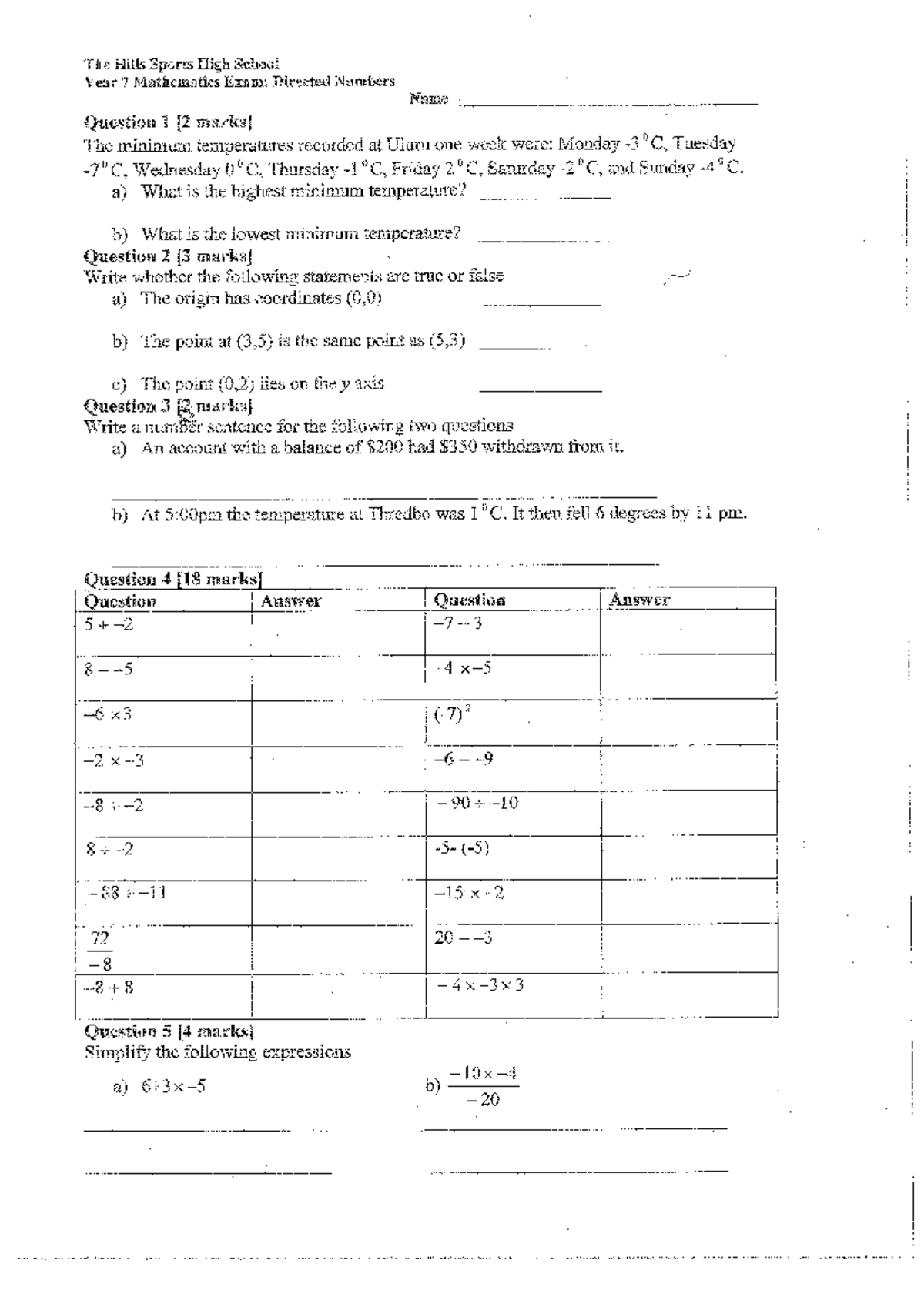 Integers - Topic Test - math advanced - The Hills Sports High School ...