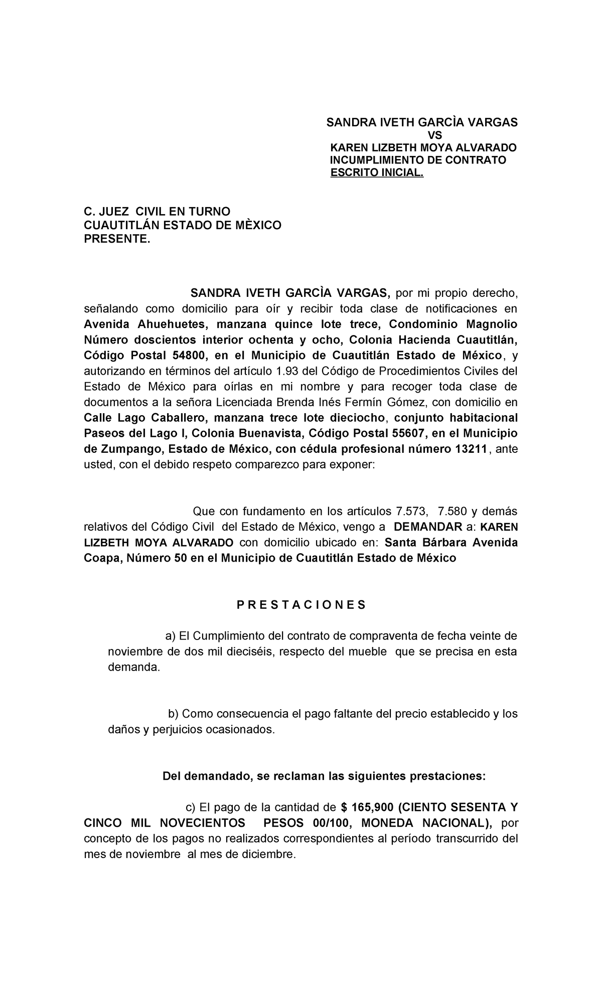 357873716 Escrito Inicial: Demanda por Incumplimiento de Contrato - Document Preview