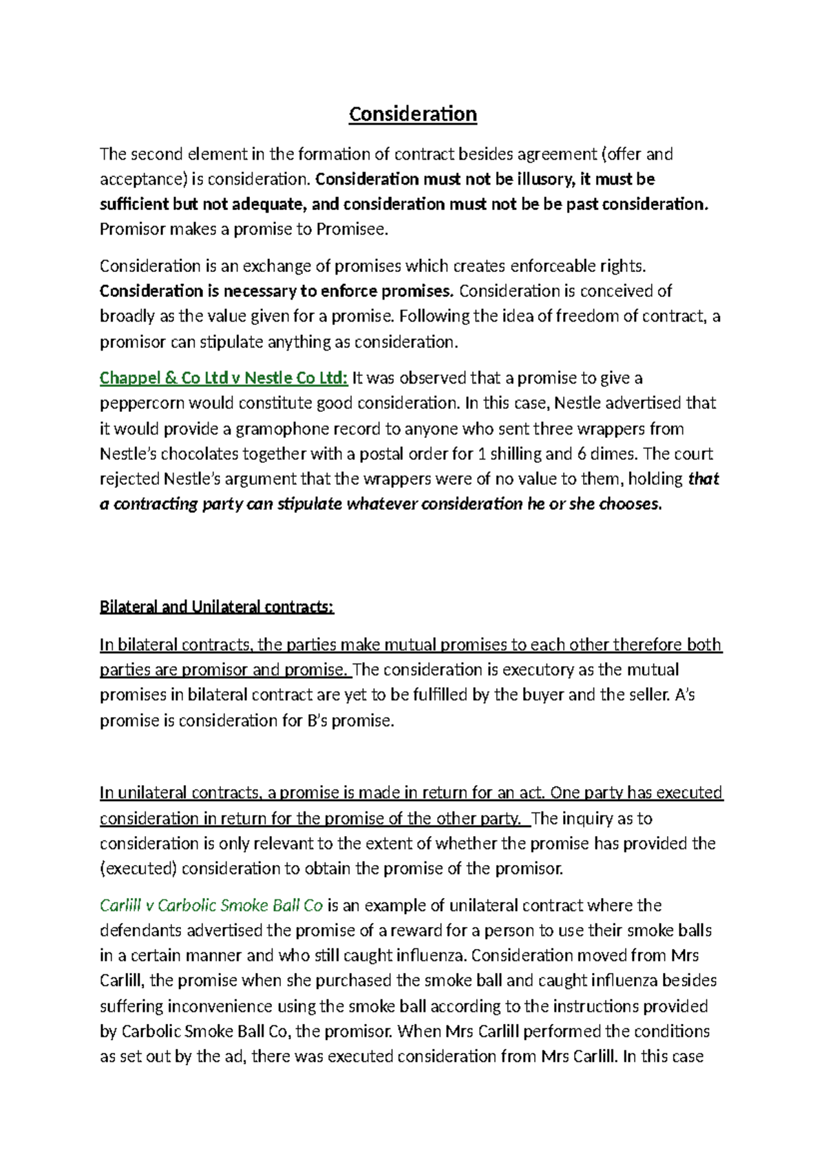 Contract Law Consideration Notes: Key Concepts & Cases (LAW101) - Studocu