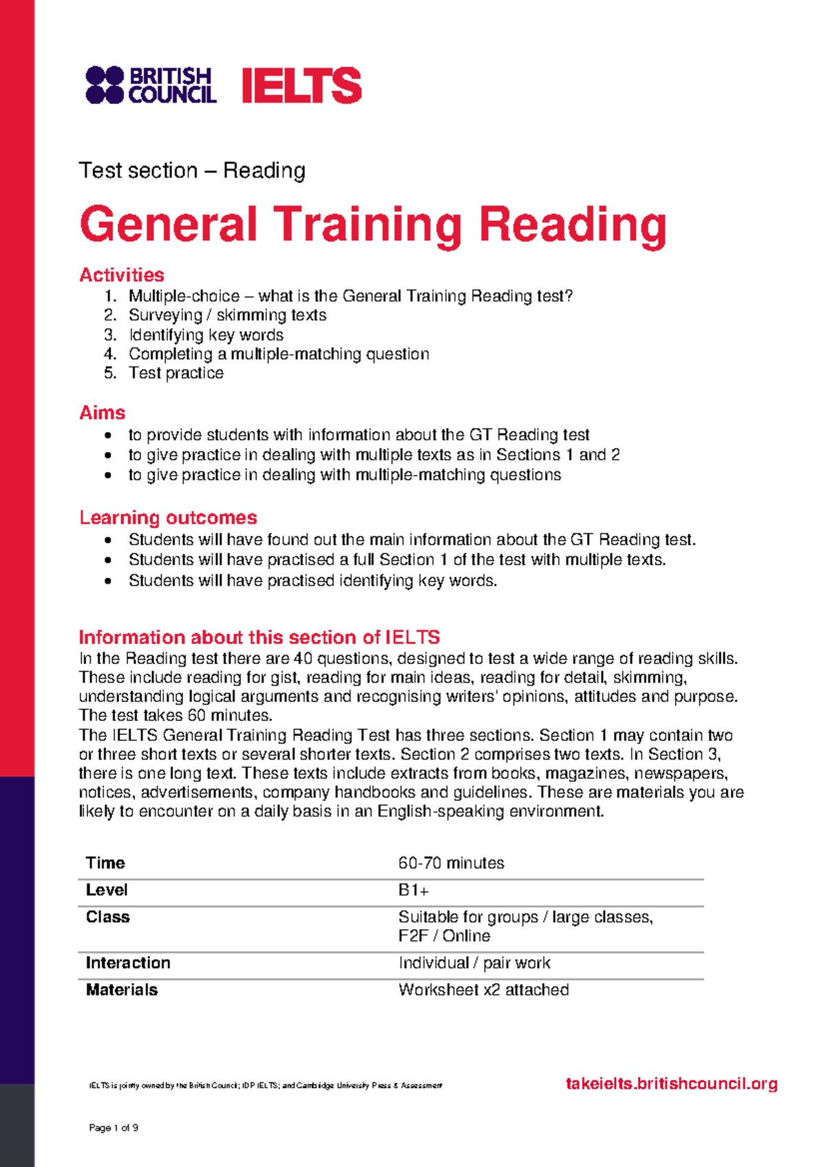 IELTS General Training Reading Test Overview and Practice Activities ...