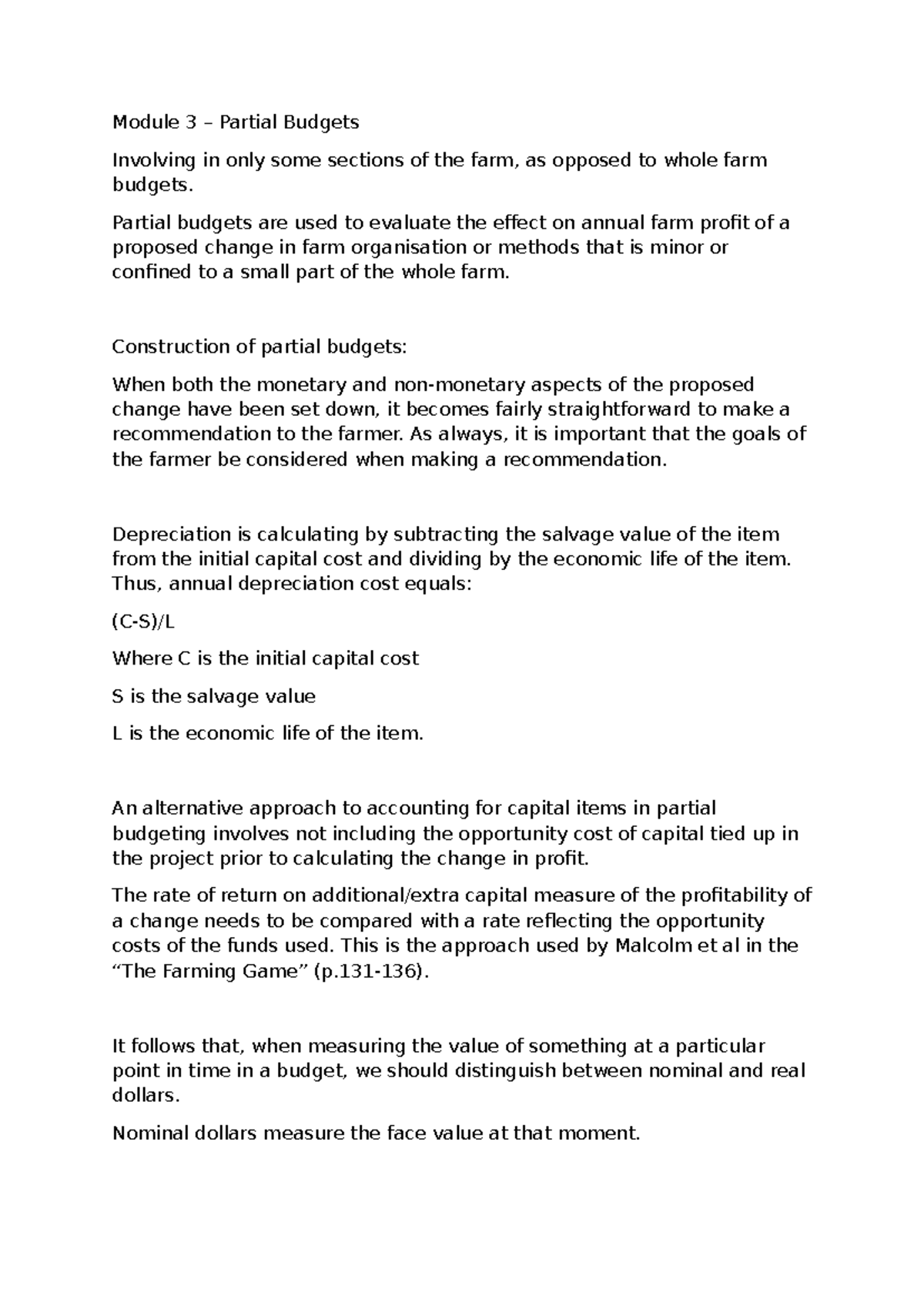 Module 3: Partial Budgets for Evaluating Minor Farm Changes - Studocu