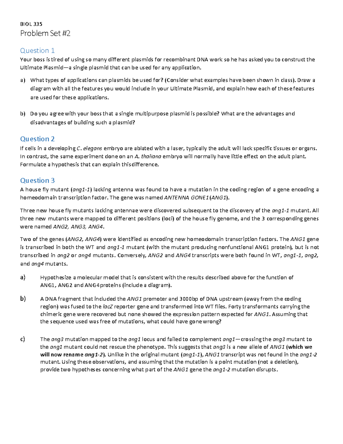 BIOL 335 Problem Set 2: Comprehensive Questions and Hypotheses - Studocu