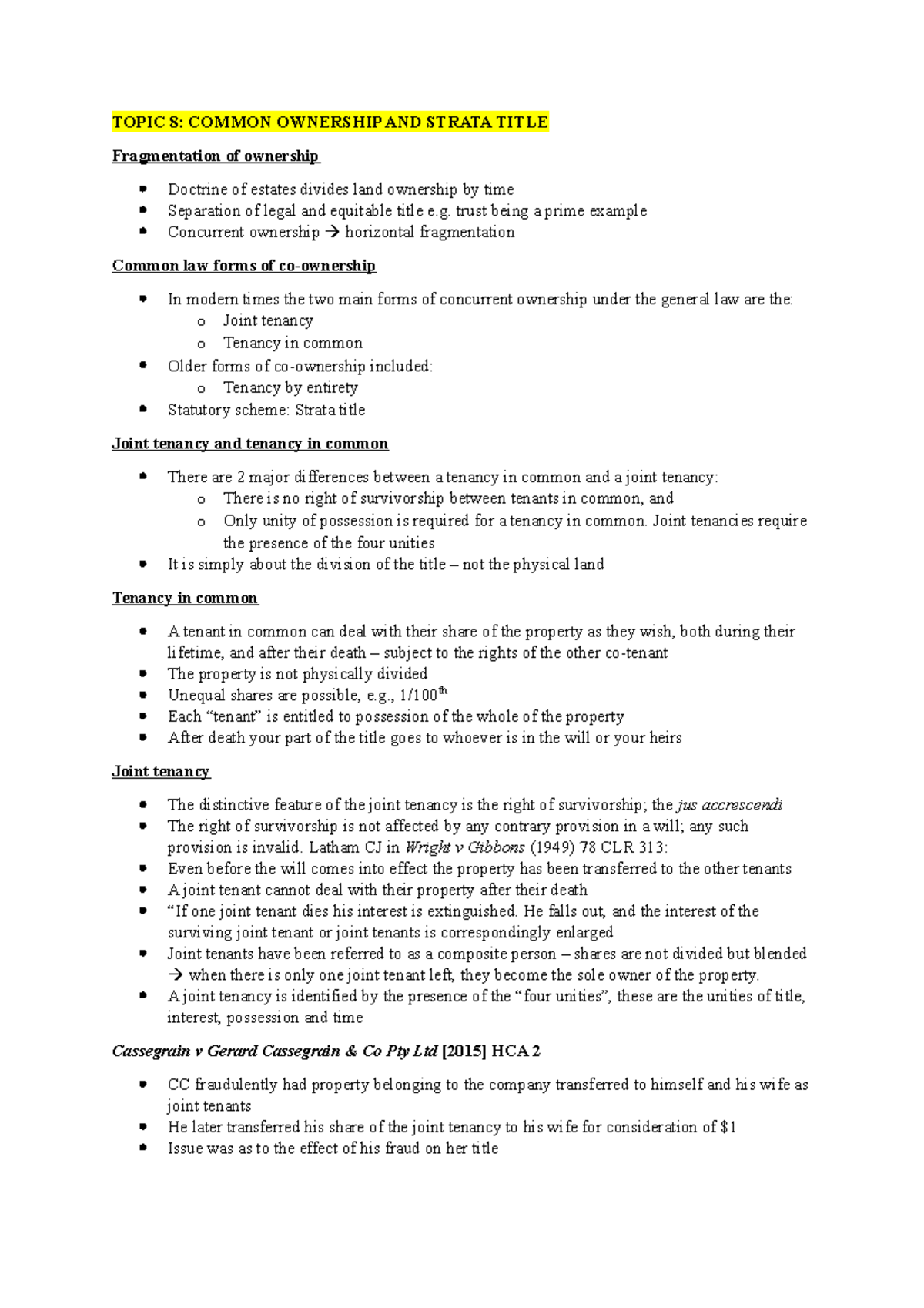 Topic 8 - Lecture notes 8 - TOPIC 8: COMMON OWNERSHIP AND STRATA TITLE ...