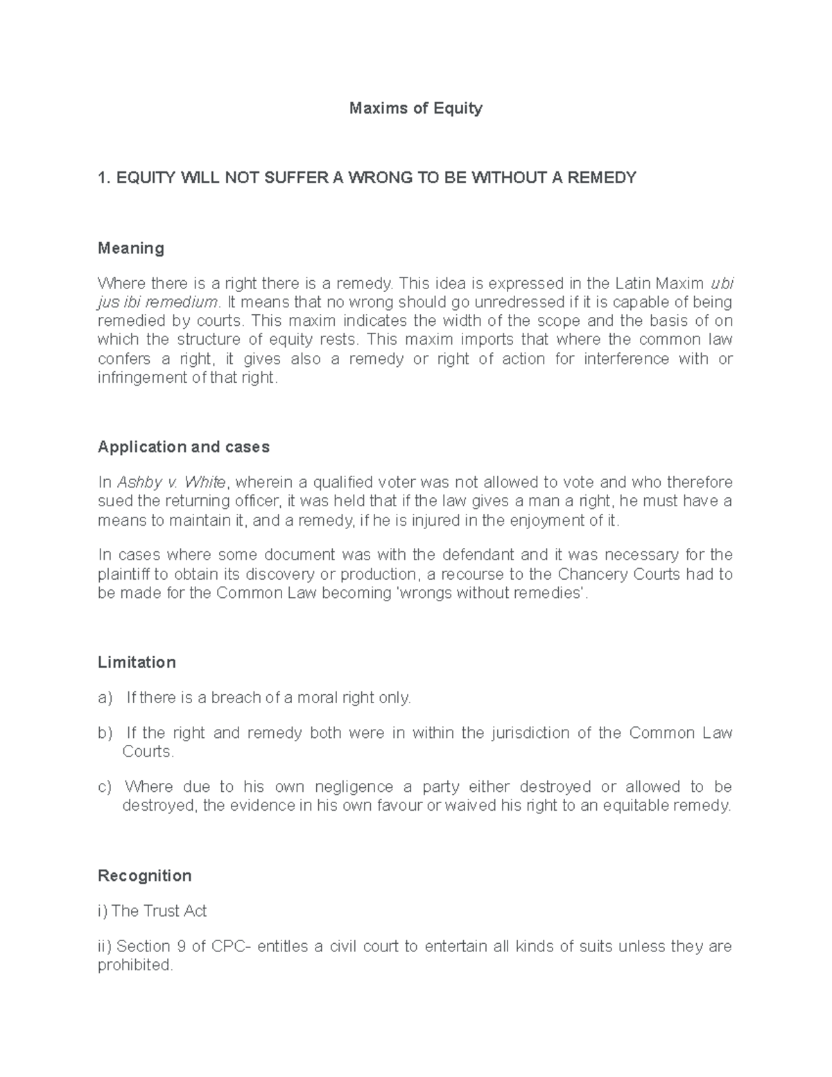 Maxims of Equity: Principles & Applications for Law Students - Studocu