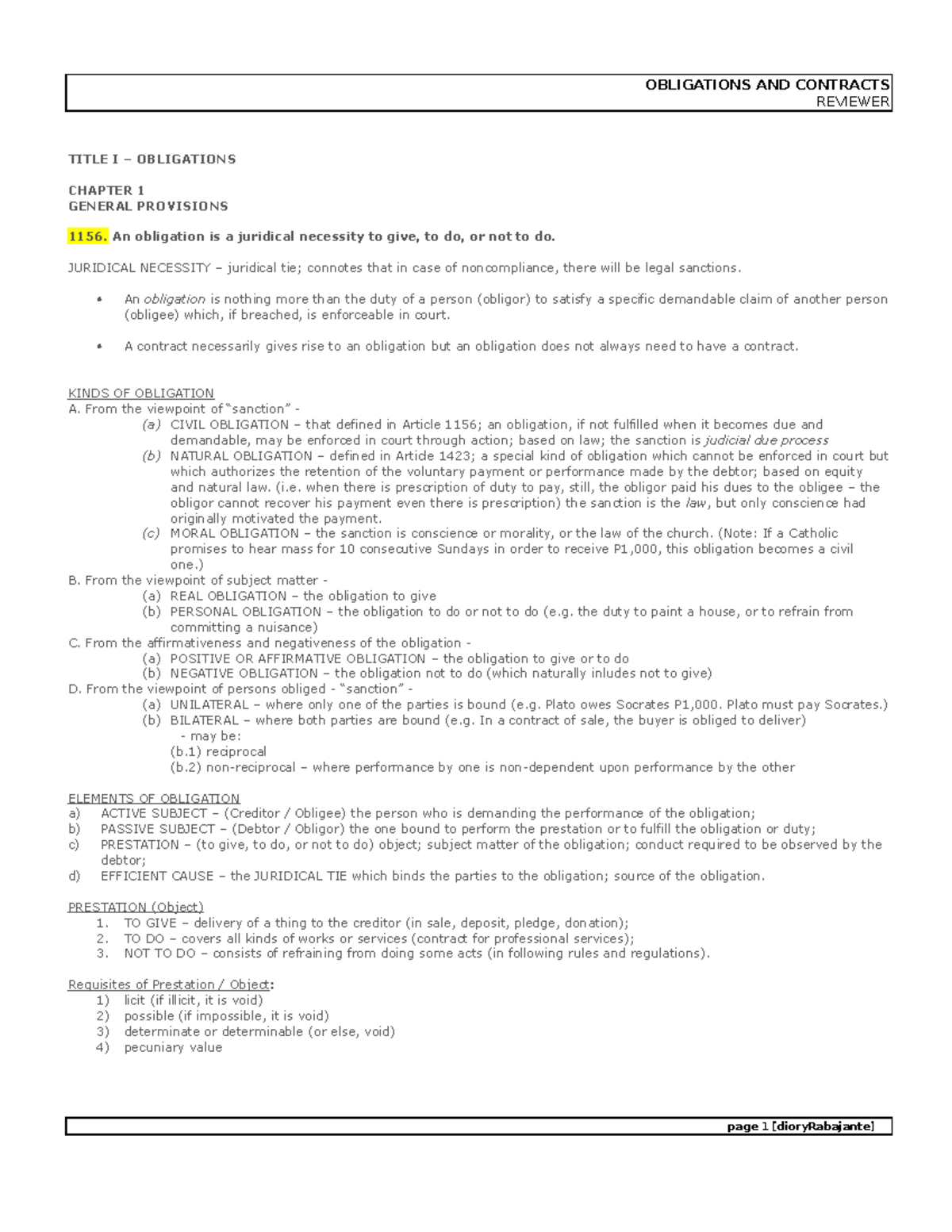 OBLIGATIONS AND CONTRACTS REVIEWER (OBLICON) CHAPTER 1-2 SUMMARY 1156 ...