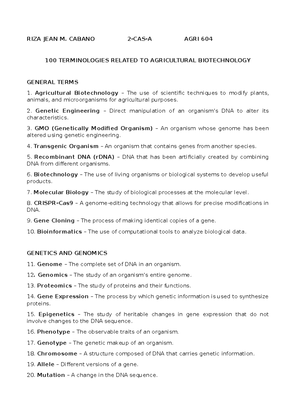 AGRI 604 100: Key Terminologies in Agricultural Biotechnology - Studocu