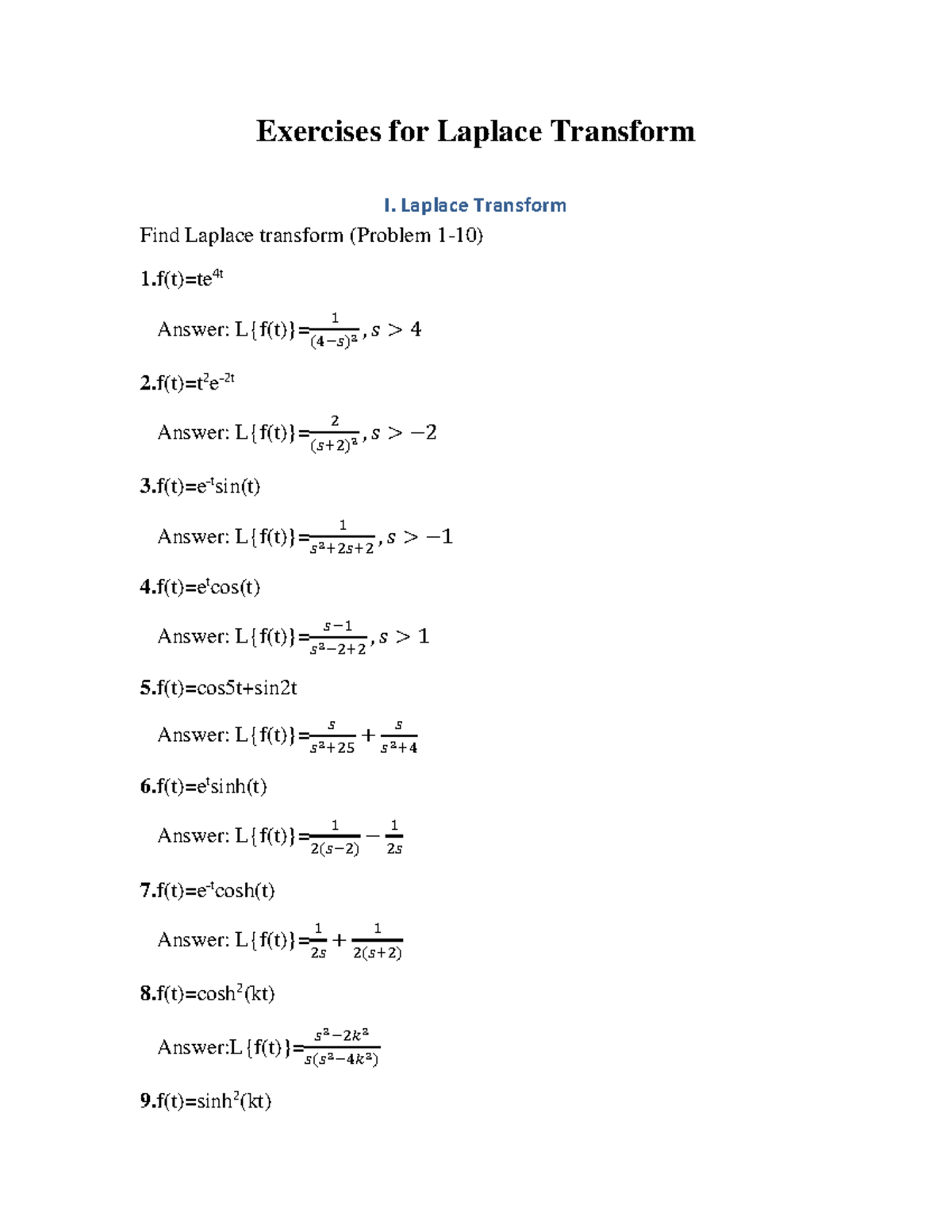 Exercises for Laplace Transform: Problems and Solutions - Studocu