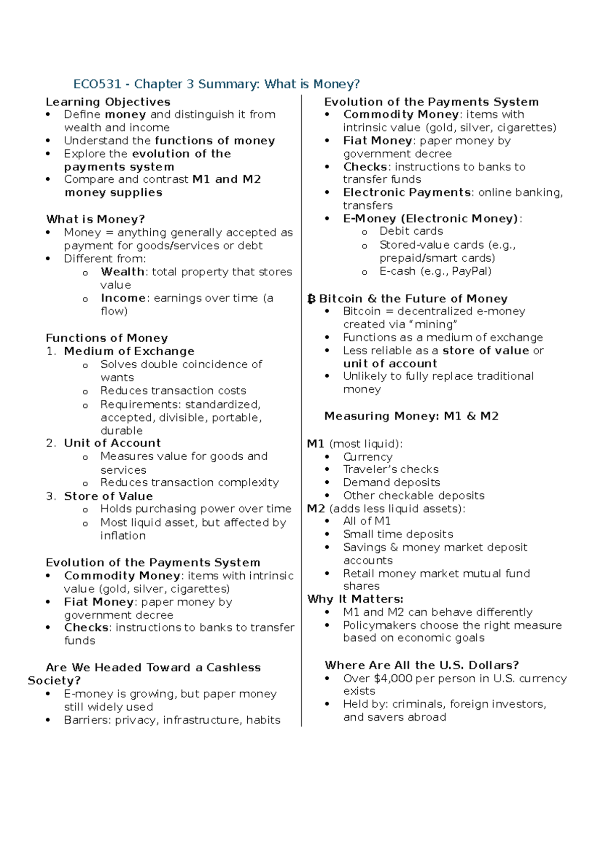 ECO531 Chapter 3 Notes: Understanding Money and Its Functions - Studocu