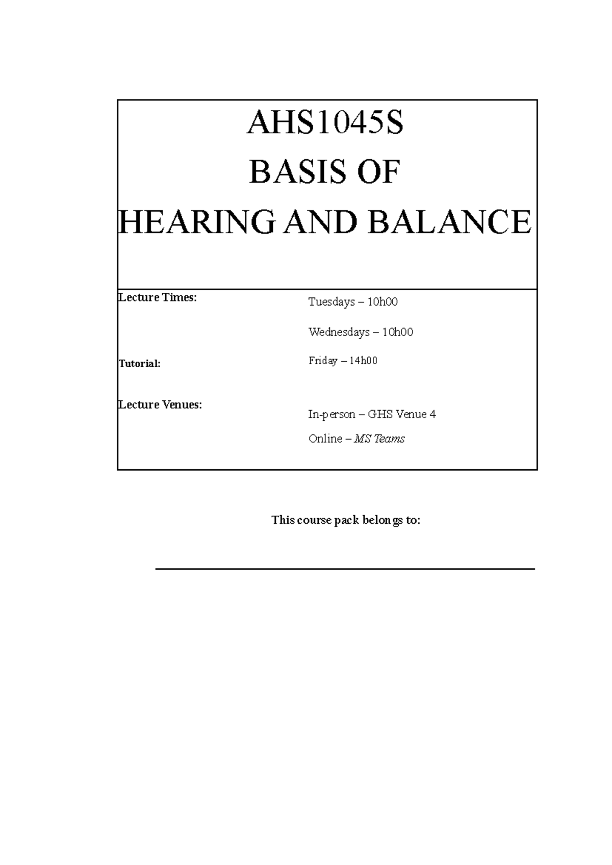 AHS1045S Basis of Hearing and Balance Lecture Notes 2023 - Studocu