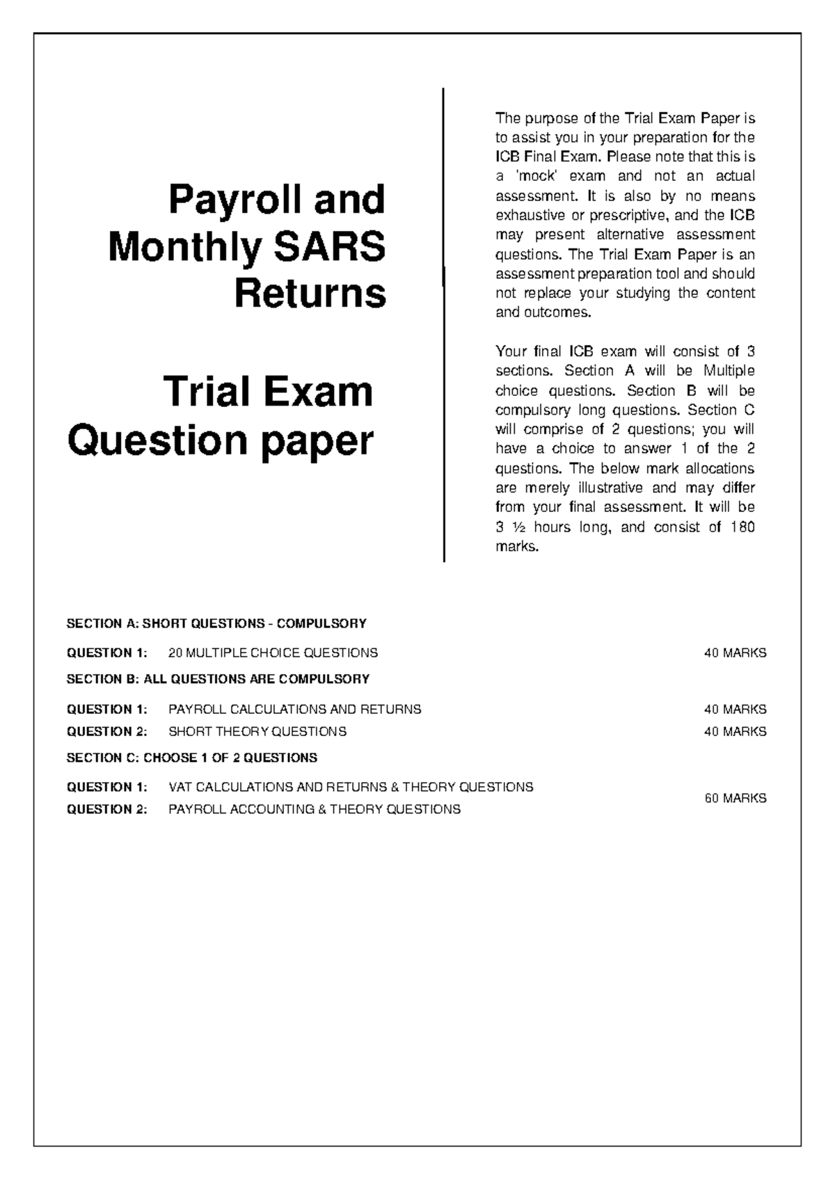 Trial exam paper questions 2 - SECTION A: SHORT QUESTIONS - COMPULSORY ...