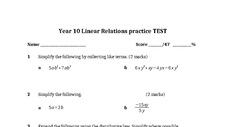 Chapter 1 Linear Relations Practice TEST 2024 - Studocu
