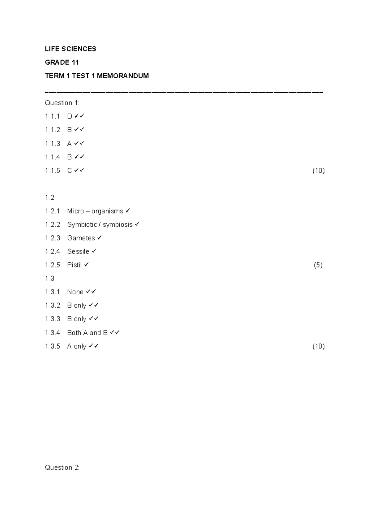 LIFE SCIENCES GRADE 11 TERM 1 TEST 1 MEMO 2023 - Studocu