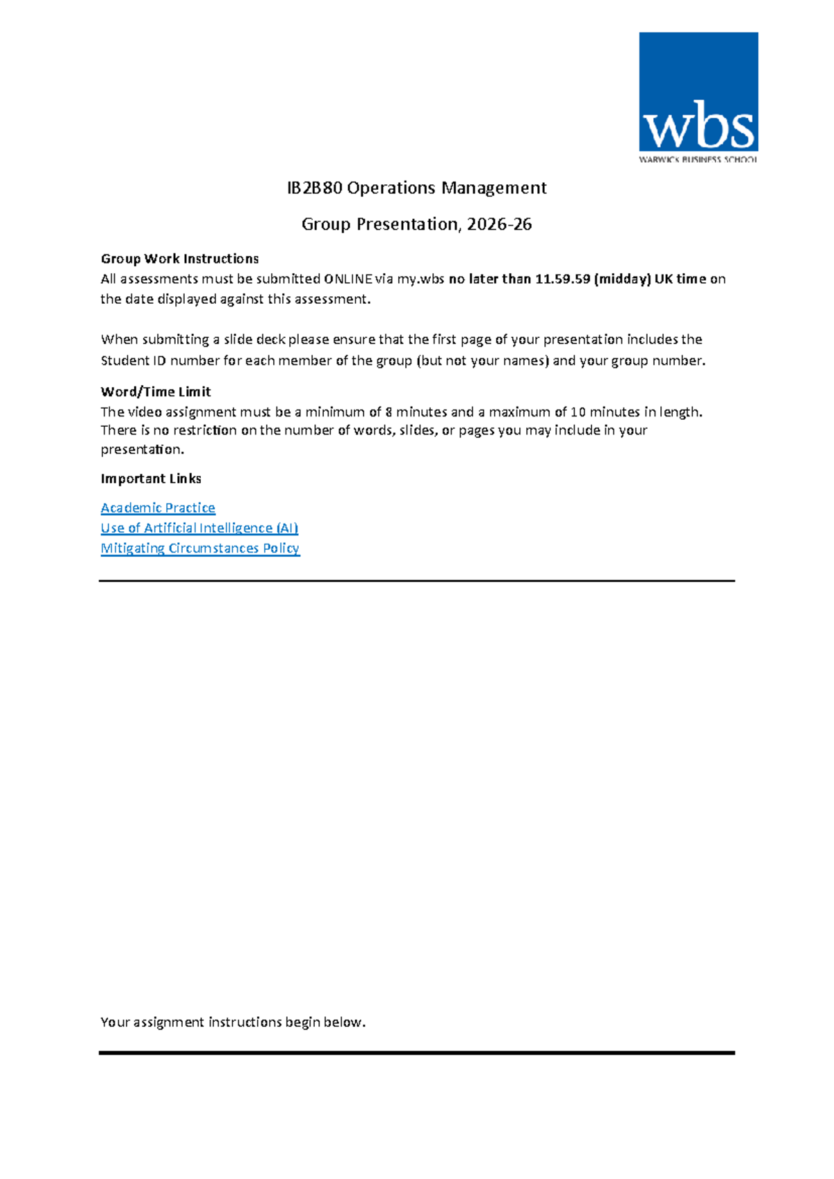 IB2B80 Operations Management Group Presentation Guidelines 2025-26 ...