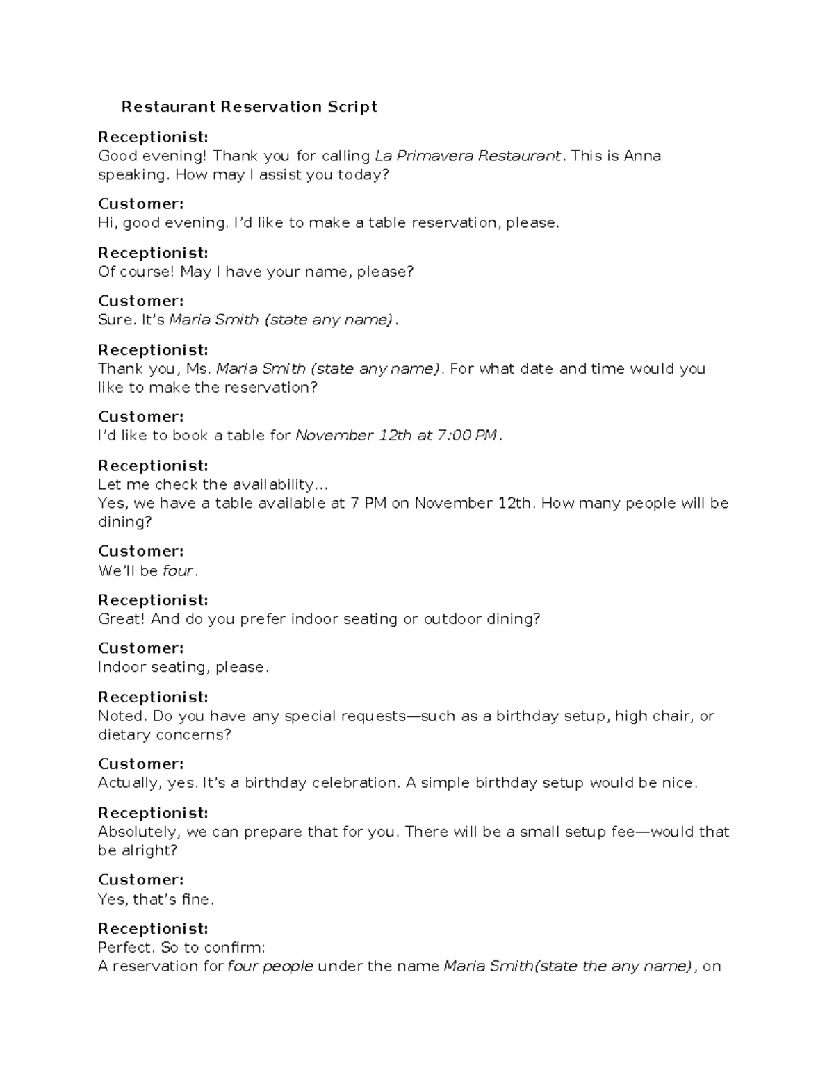 Restaurant Reservation Script: Customer Interaction Examples - Studocu