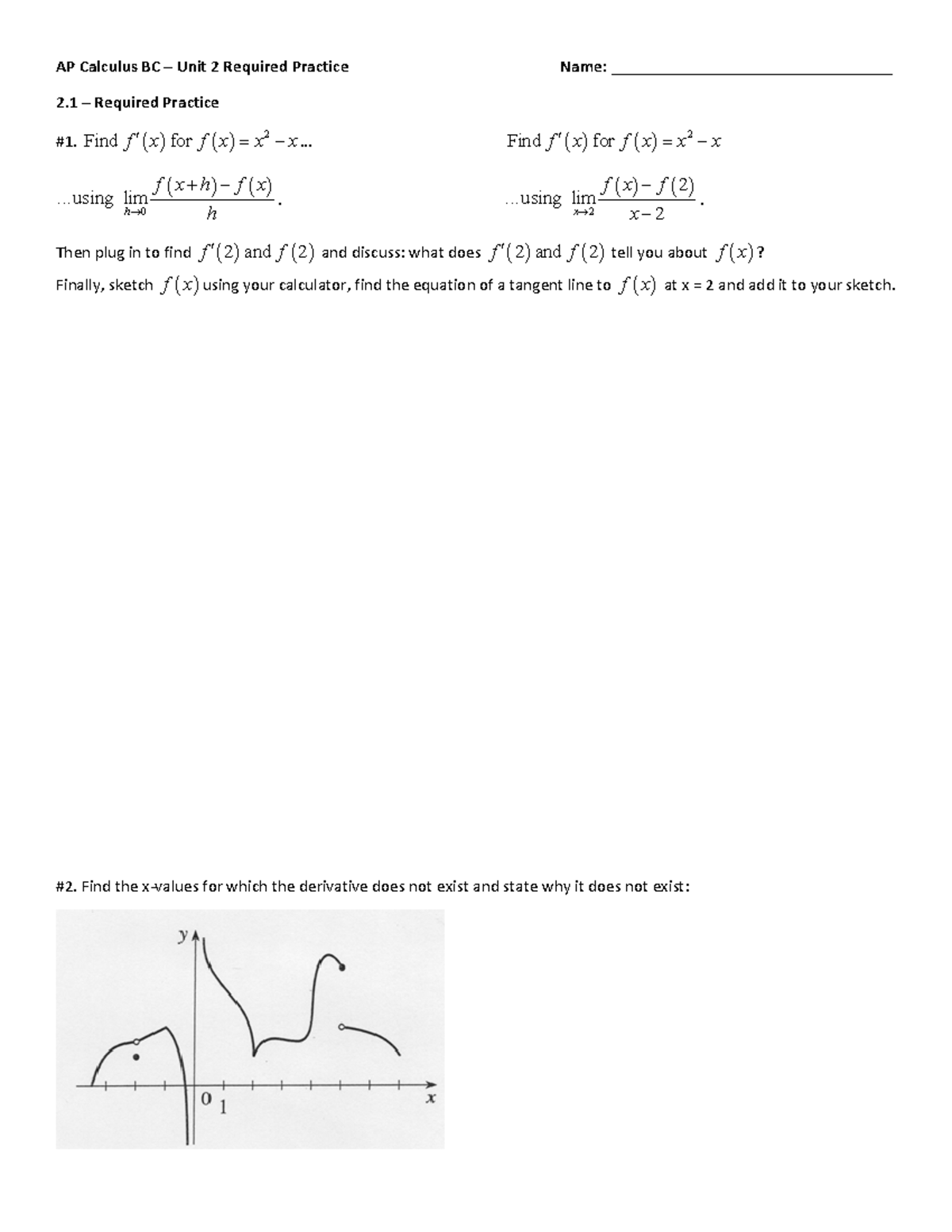 AP Calculus BC Unit 2 Required Practice: Derivatives and Tangent Lines ...