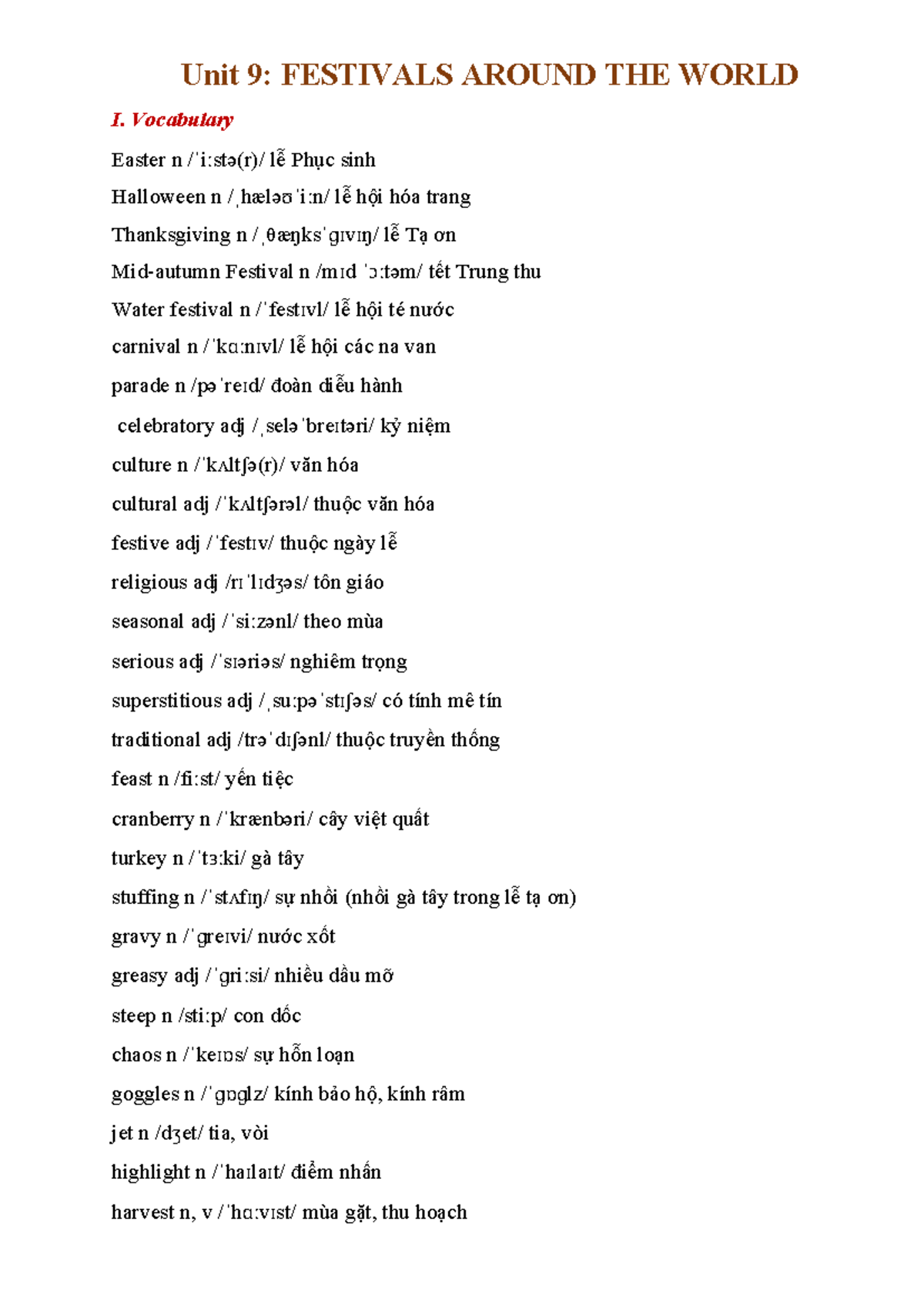 Unit 9: Festivals Vocabulary and Grammar Exercises - Tiếng Anh - Studocu