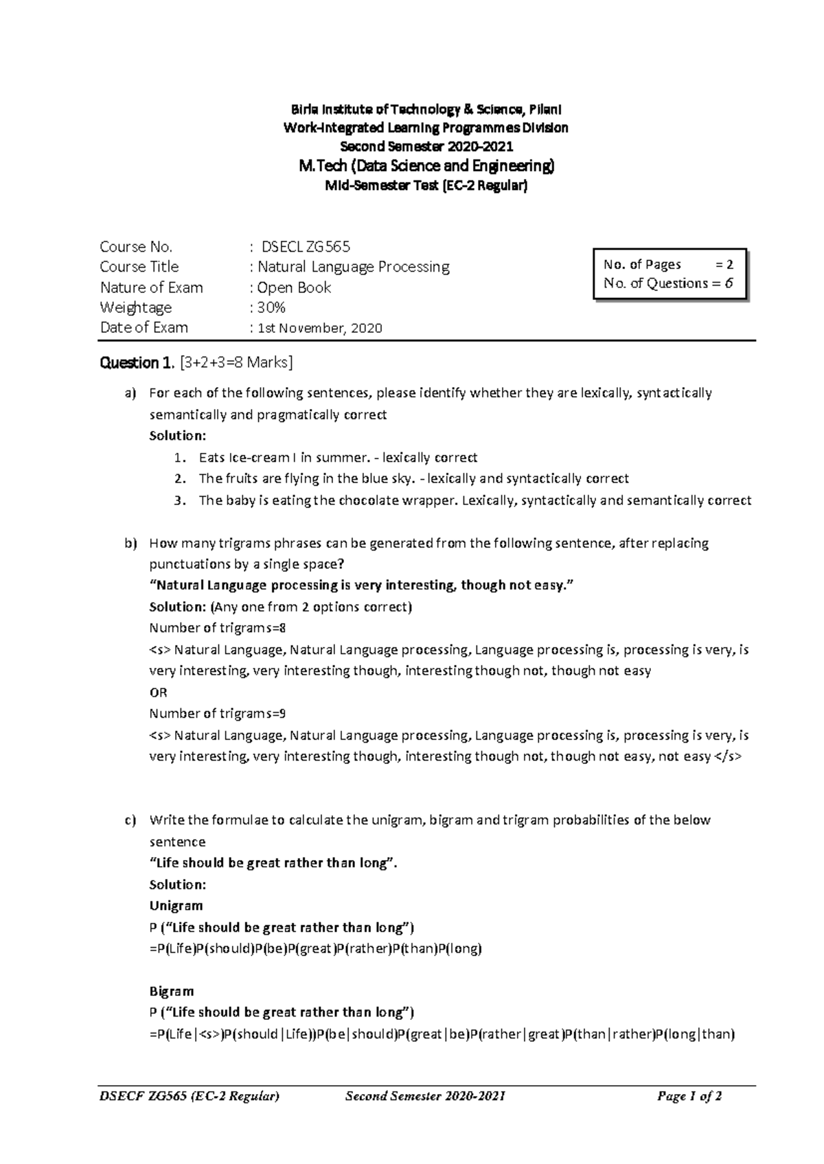 DSE 20 NLP Midsem Regular Exam Solutions - M.Tech Data Science - Studocu