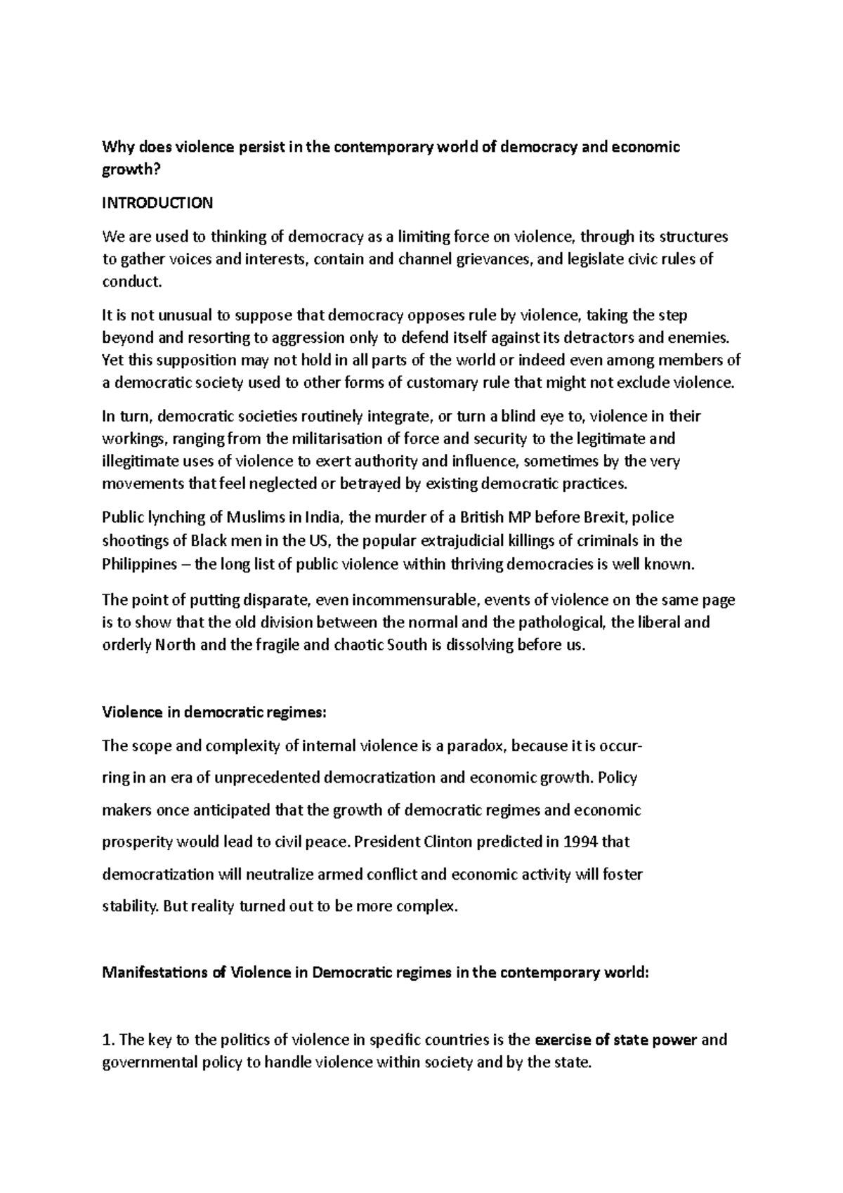 Dilemmas in Politics Assignment: The Persistence of Violence in ...