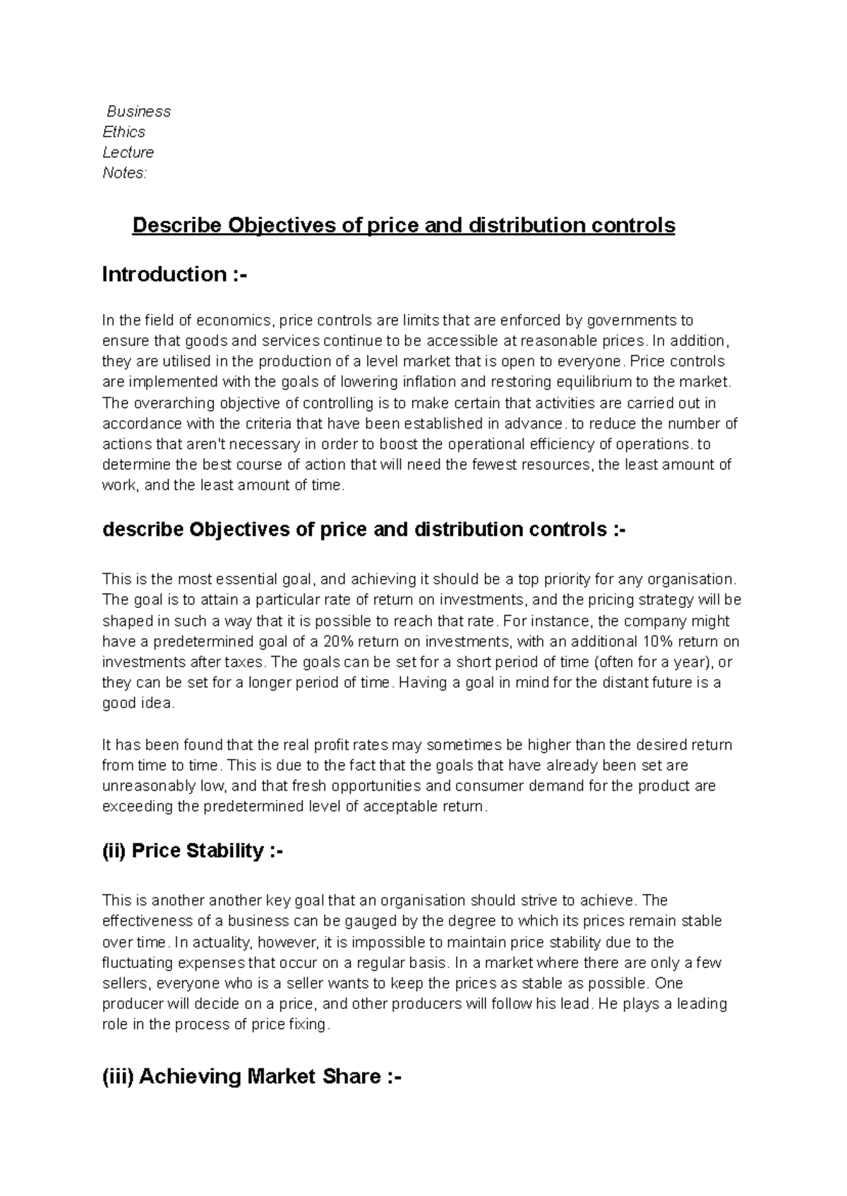 Objectives of Price and Distribution Controls in Business Ethics ...