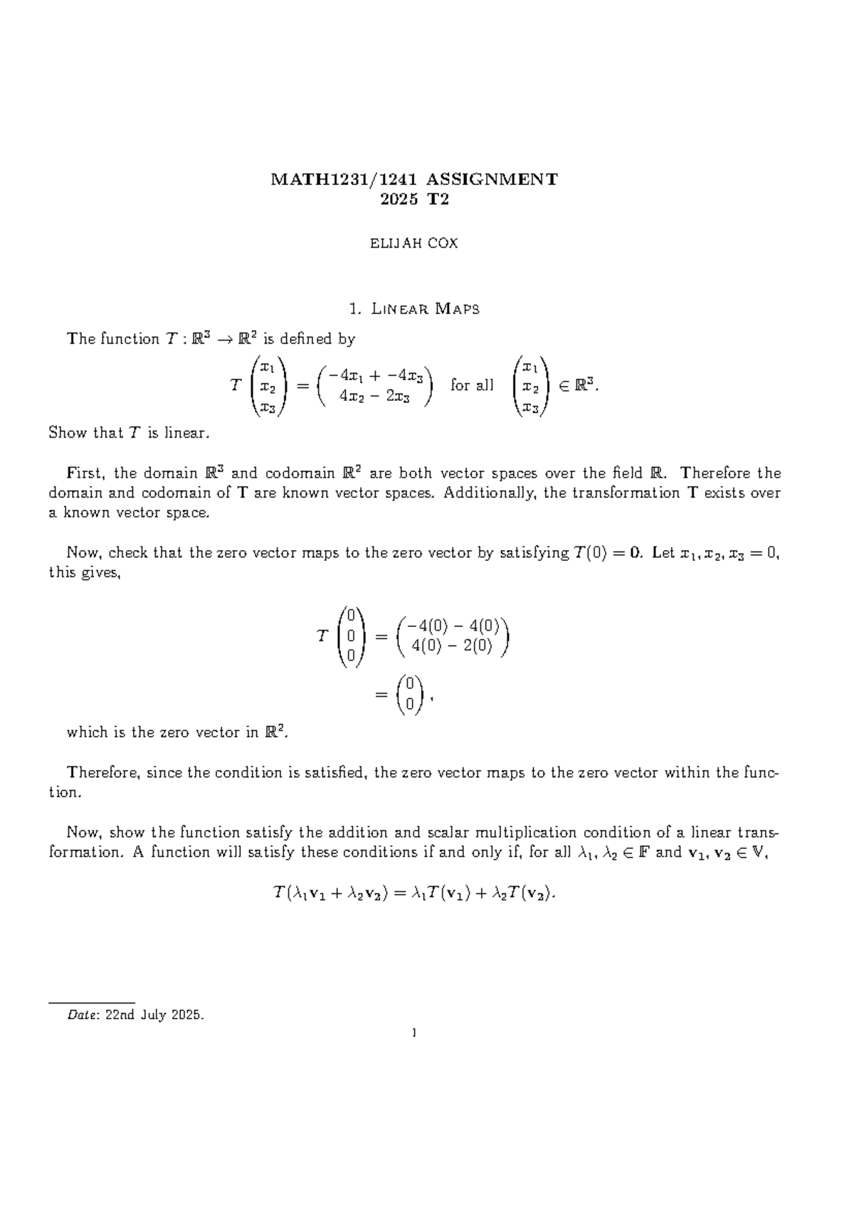 Math 1231 Assignment: Linear Maps and Subspaces Analysis - Studocu