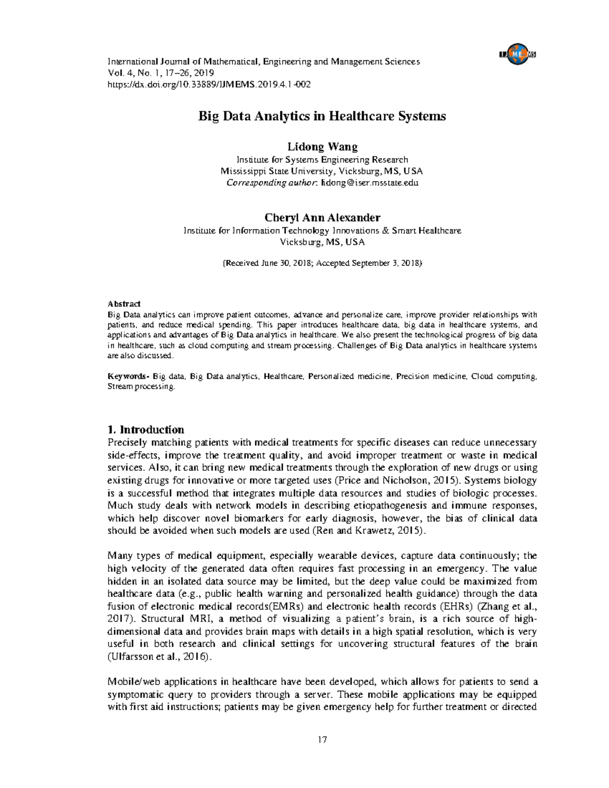 Big Data Analytics in Healthcare Systems: IJMEMS Vol. 4, No. 1, 2019 ...