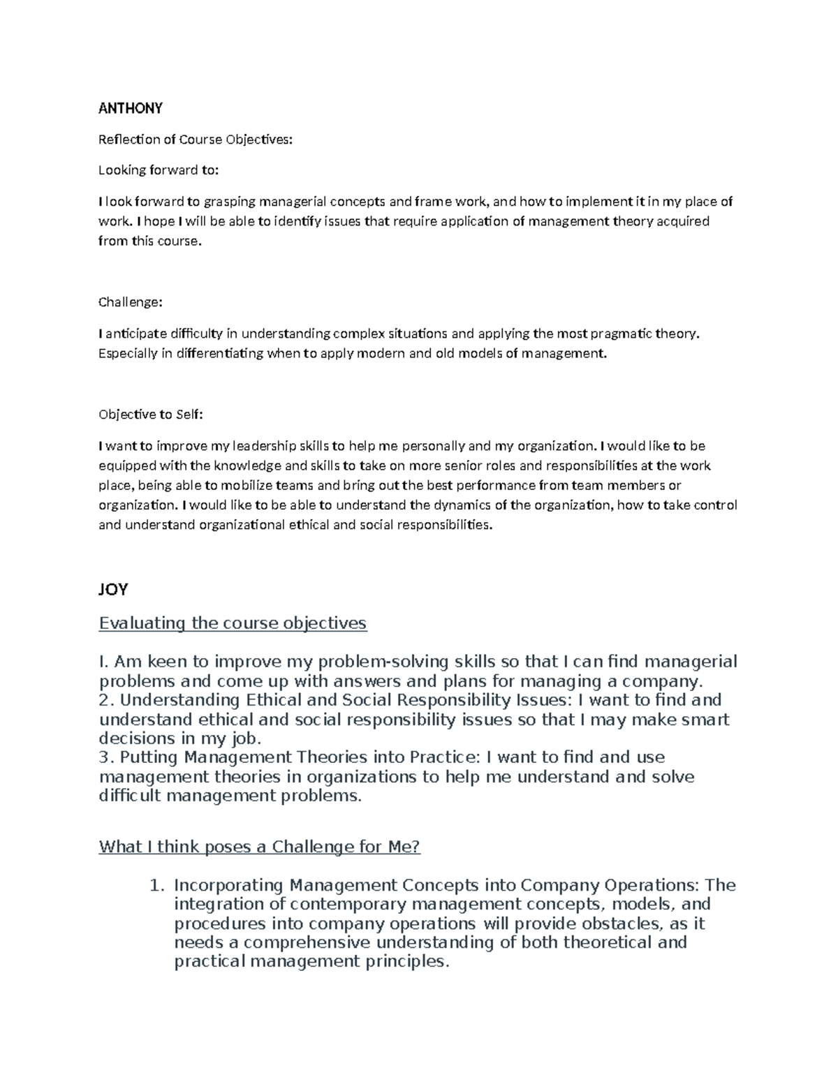 Discussion 1 - Course Objectives Reflection on Management Skills - Studocu