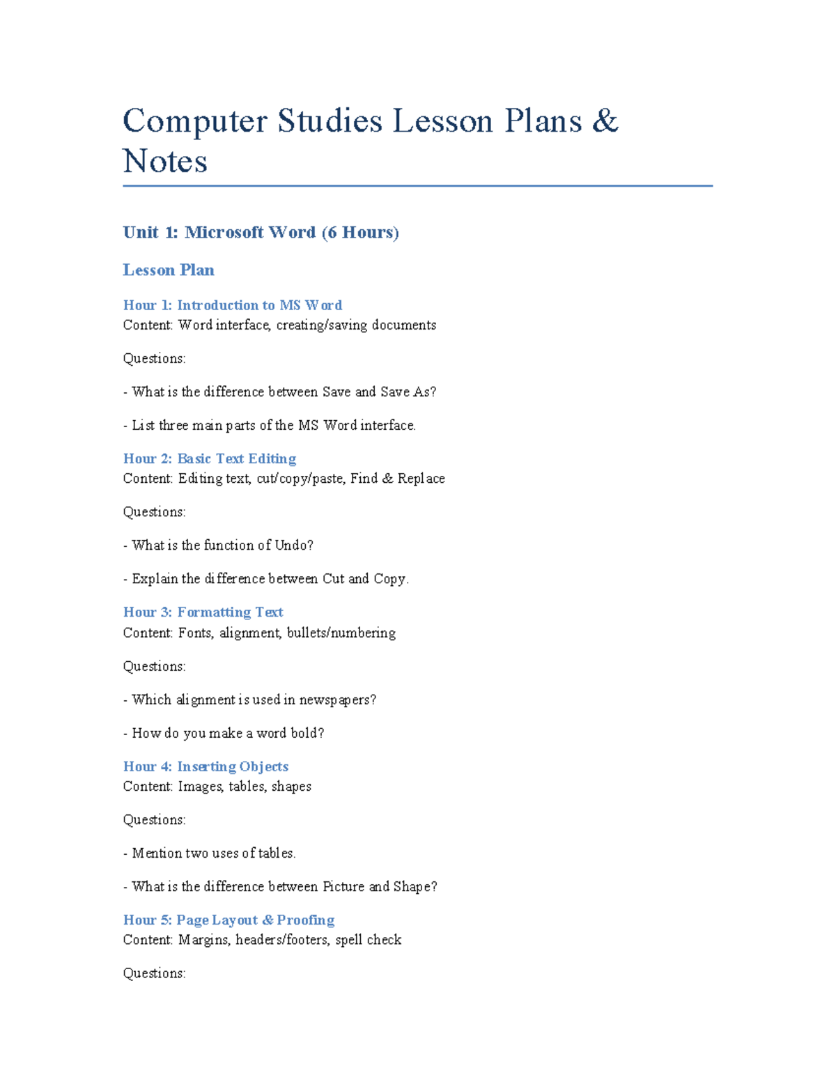 Computer Studies Lesson Plans Notes Unit 1: MS Word & Unit 2 ...