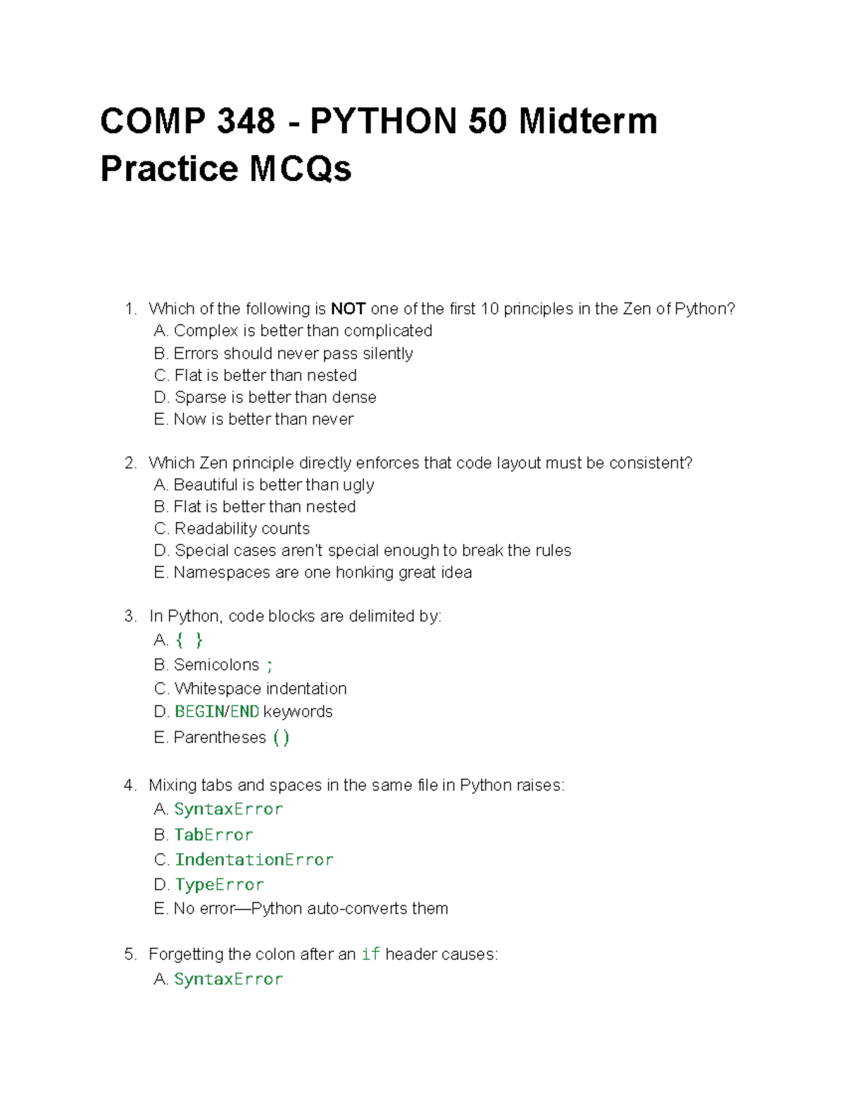 COMP 348 - Python 50 Midterm Practice MCQs (Answers Excluded) - Studocu