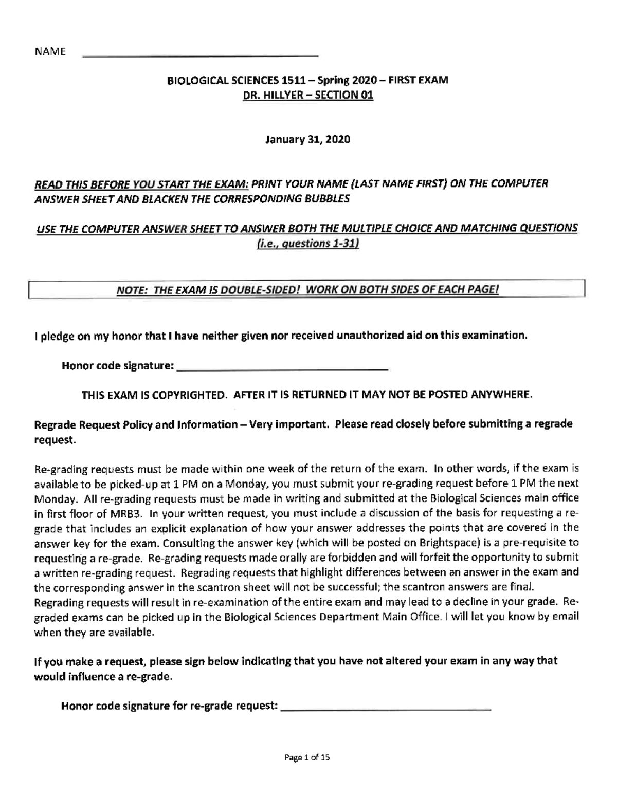 Bio 1511 Spring 2020: First Exam Practice Key and Notes - Studocu