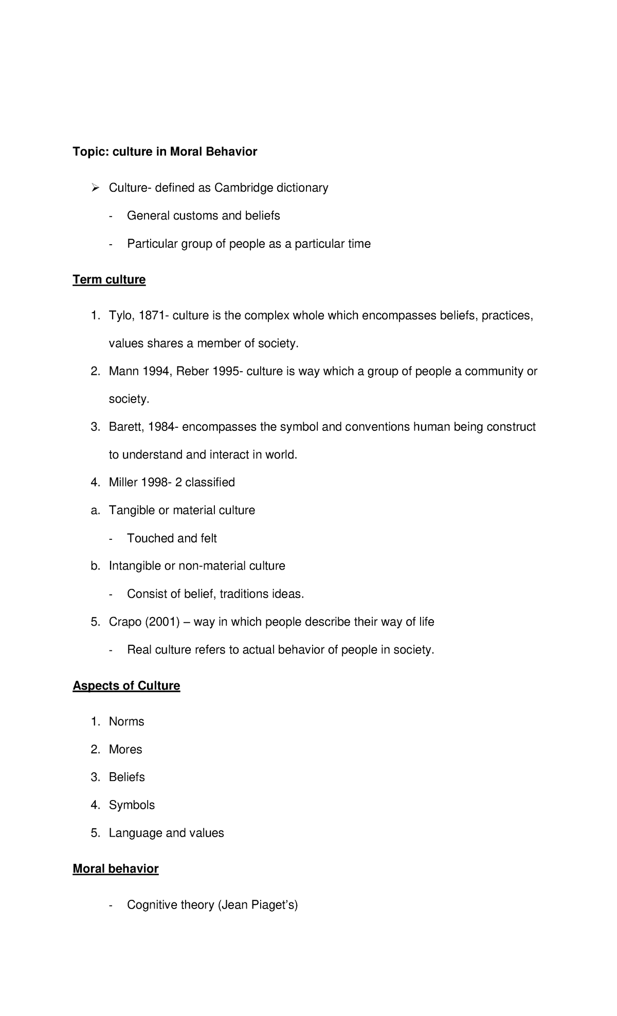 Ethics-topic - ethics - Topic: culture in Moral Behavior Culture ...