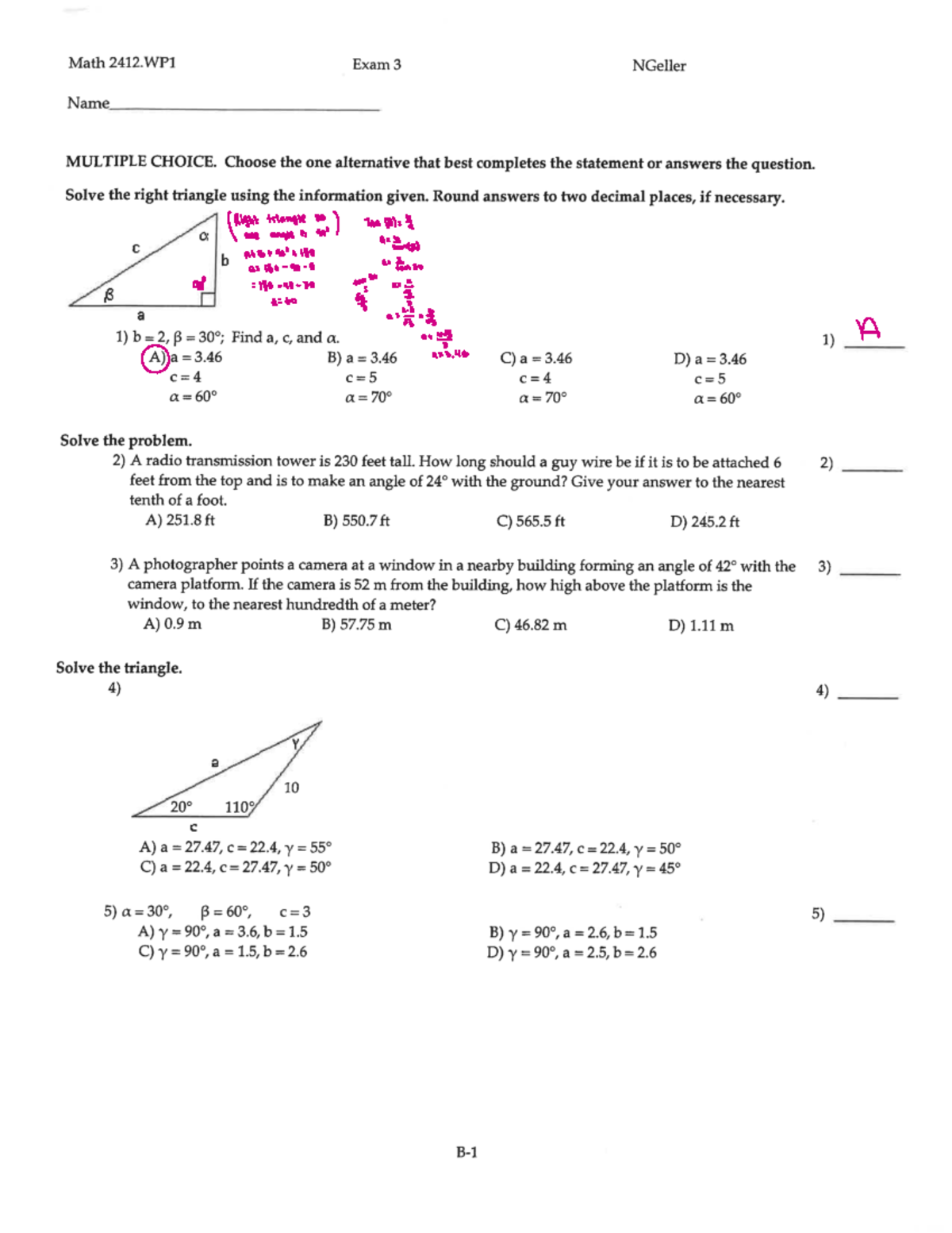 Geometry Quiz: Right Triangle Problems and the Tangent Function - MATH ...