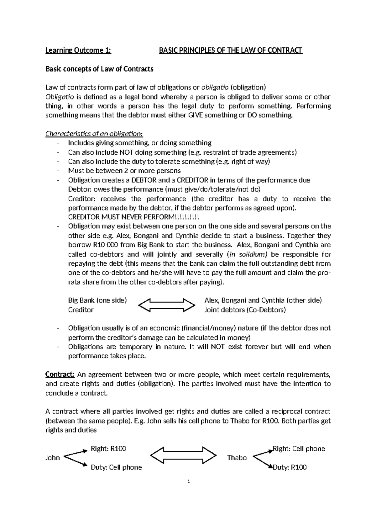 Learning outcome 1: Basic principles of the law of contract (LCD216D ...