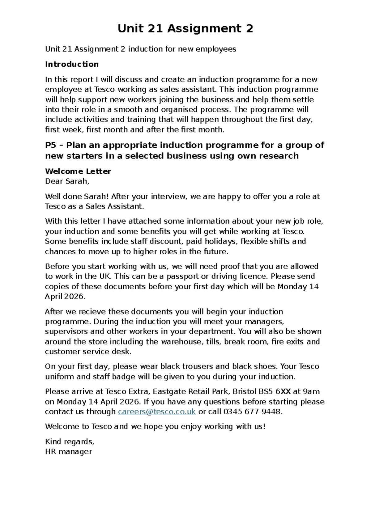 Unit 21 Assignment 2: Induction Programme for New Tesco Employees - Studocu