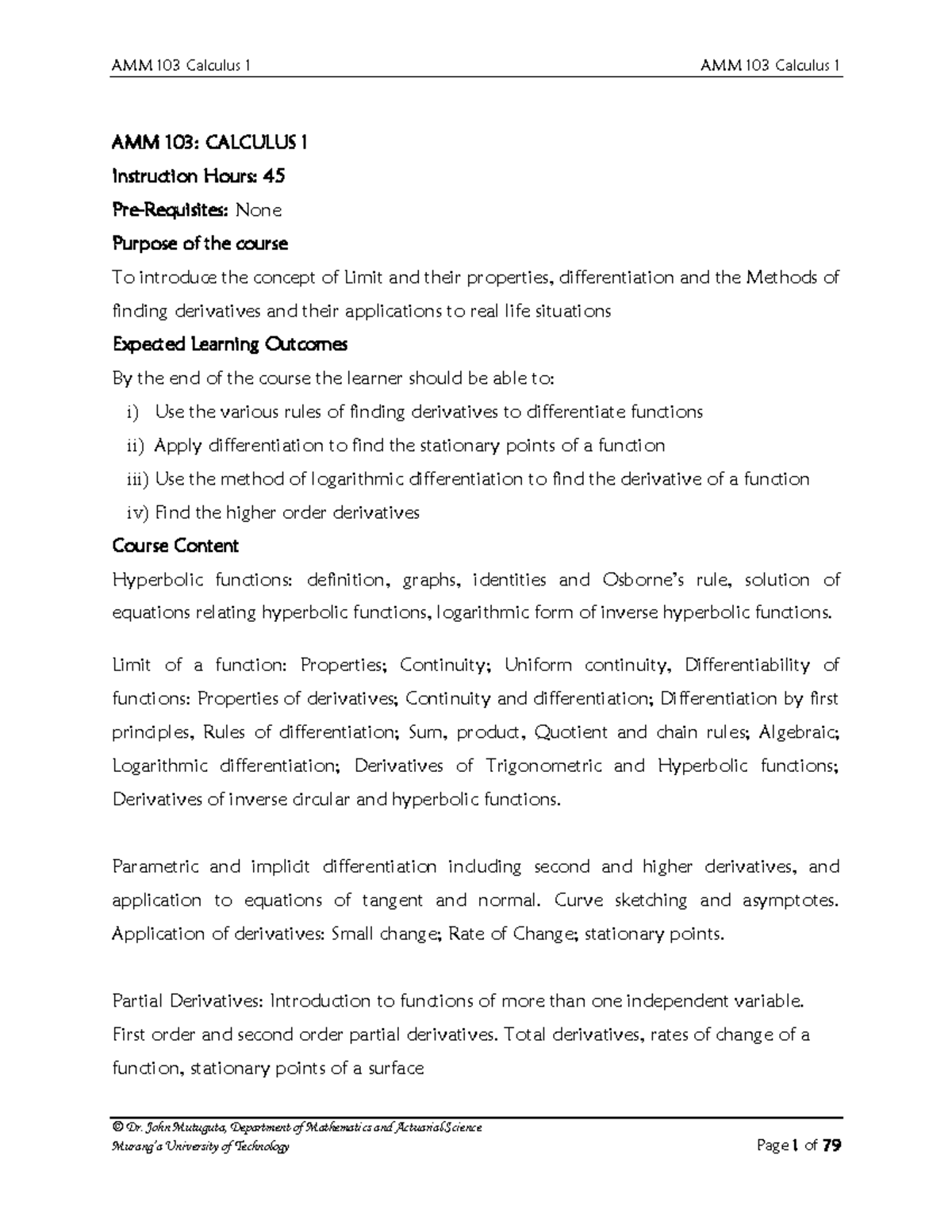 AMM 103 Calculus I (Notes)-1 - © Dr. John Mutuguta, Department of ...