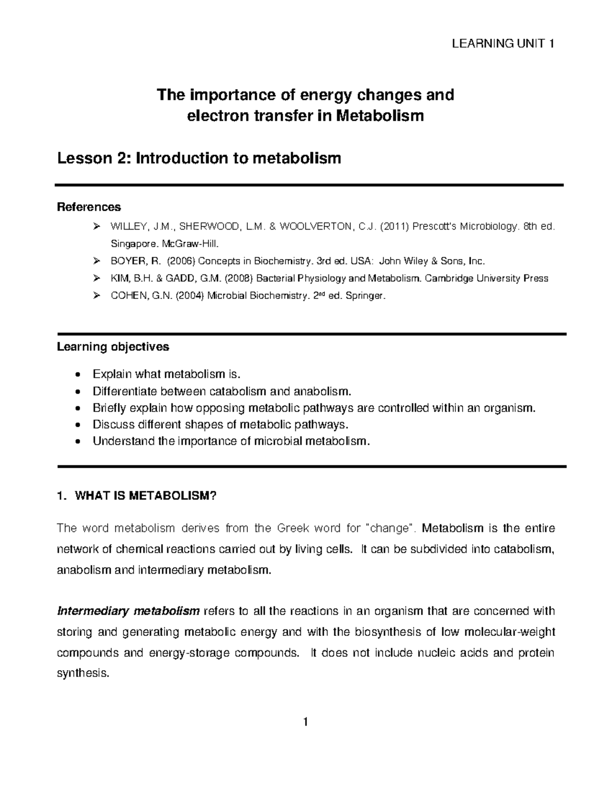 LU1: Lesson 2 - Introduction to Metabolism and Energy Changes - Studocu