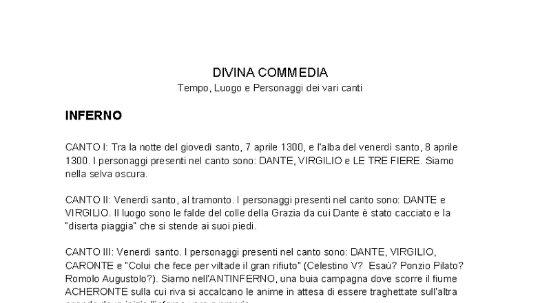 DIVINA COMMEDIA: Schema dei Canti e Personaggi (CORSO) - Studocu