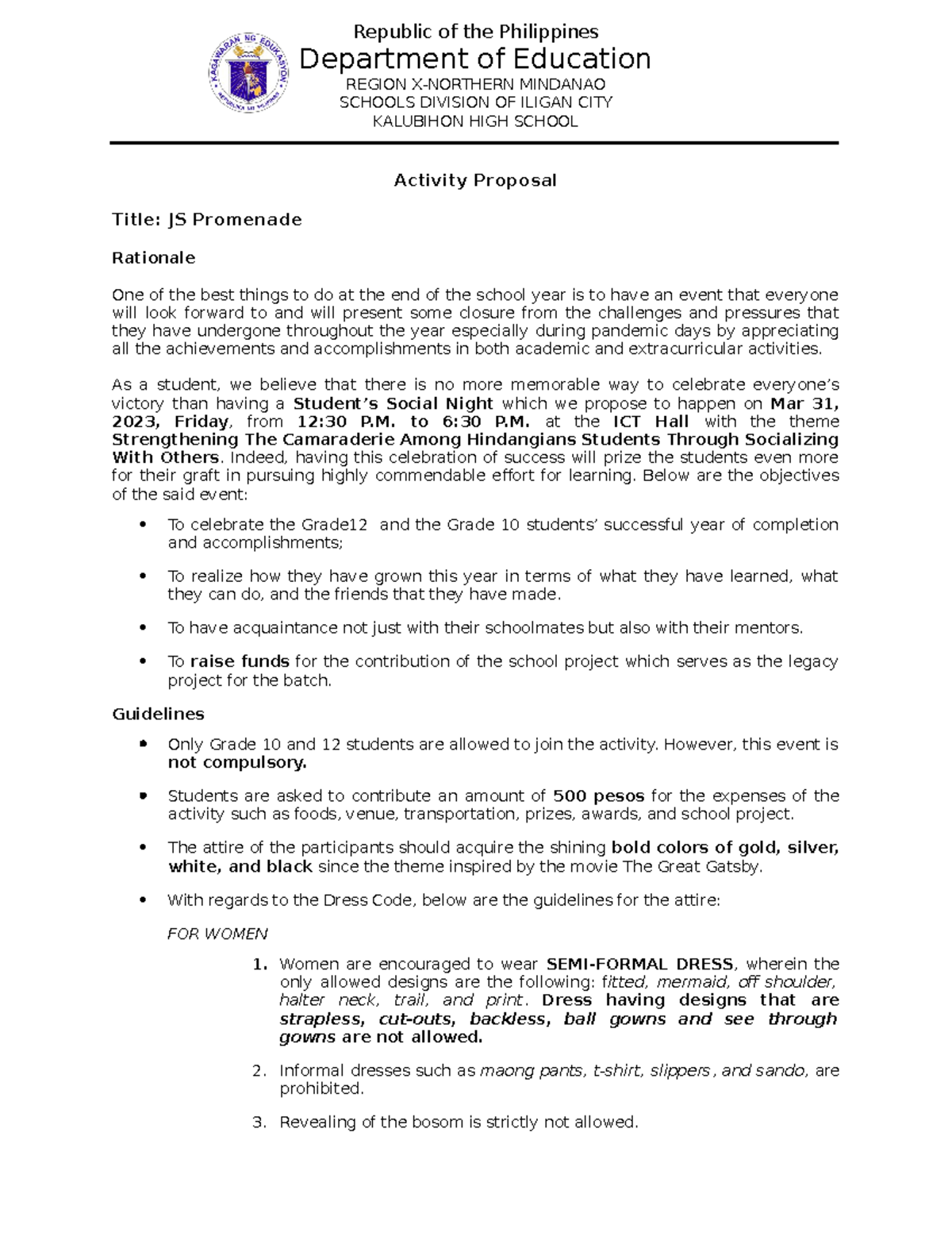 JS Promenade Activity Proposal for Grade 10 and 12 Students - Studocu