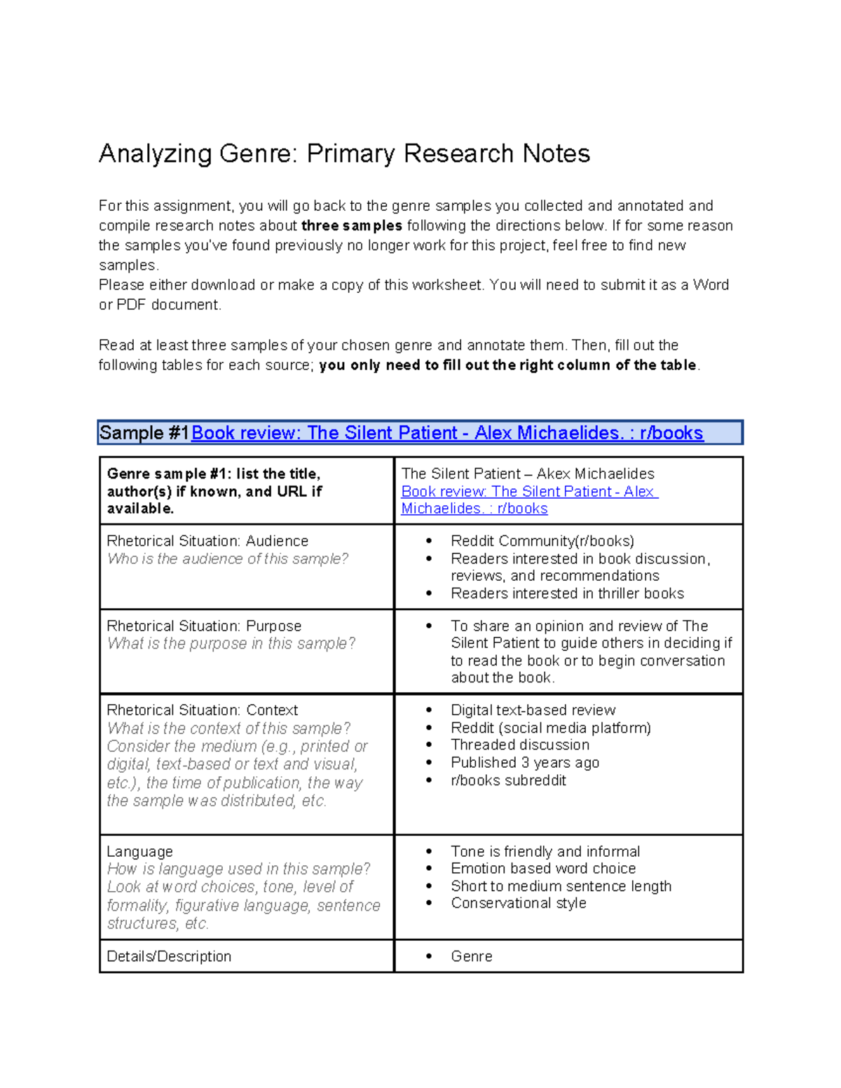 Genre Analysis: Primary Research Notes on Thriller Book Reviews - Studocu