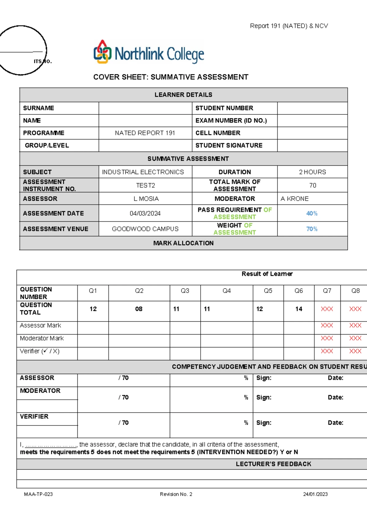 Industrial Electronics N4 Summative Assessment Report 191 QP Test 2 ...