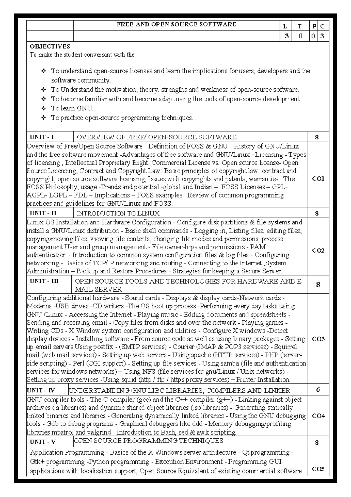 FOSS IV SEM - syllabus - FREE AND OPEN SOURCE SOFTWARE L T P C 3 0 0 3 ...