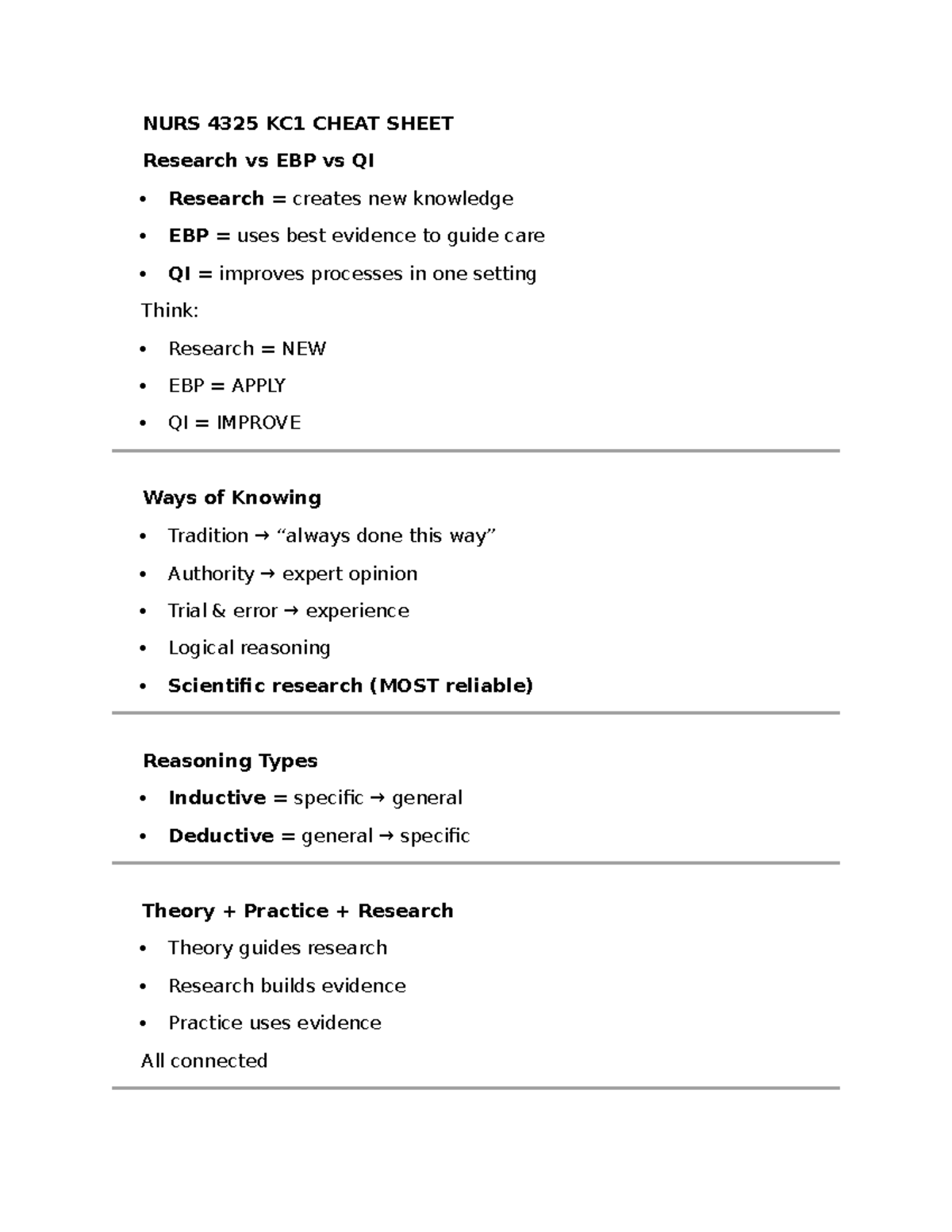 NURS 4325 KC1 Cheat Sheet: Research, EBP, and QI Overview - Studocu