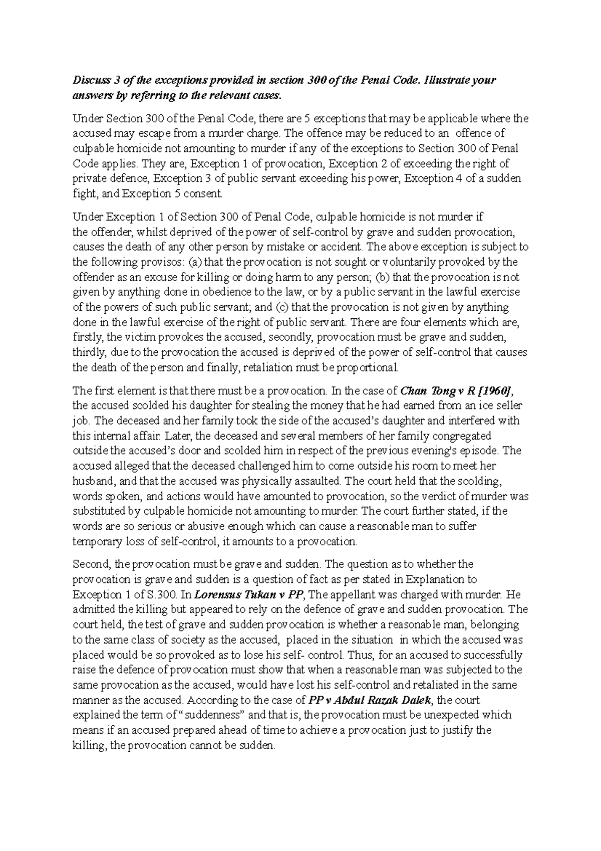 Criminal Law (Crim101): Exceptions to Murder under Penal Code Section ...