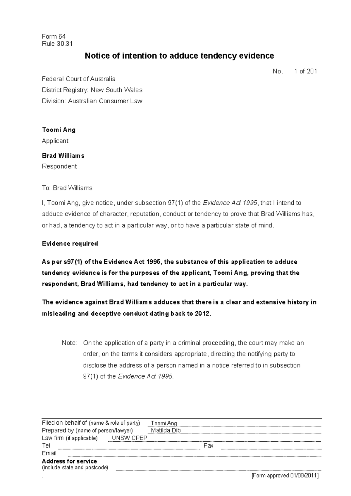 Notice of Intention to Adduce Tendency Evidence (Form 64) - Studocu