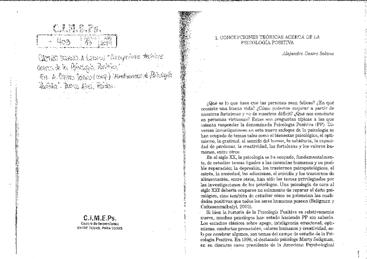 C.I.M.E.Ps. Concepciones Teóricas de la Psicología Positiva - Castro Solano  - Studocu